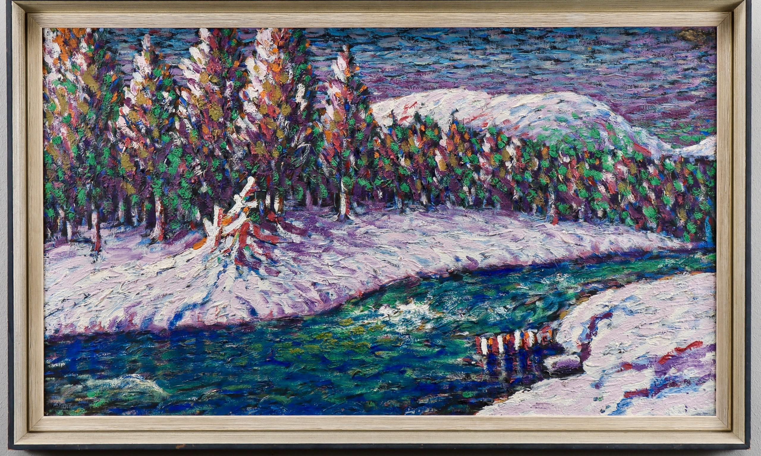 This painting presents a winter twilight in Värmland: snow-capped mountains rise in the distance while a foaming rapid cuts through a dense spruce forest. Signed “H. Hertzhoff,” the picture is executed in a distinctly pointillist manner—short,