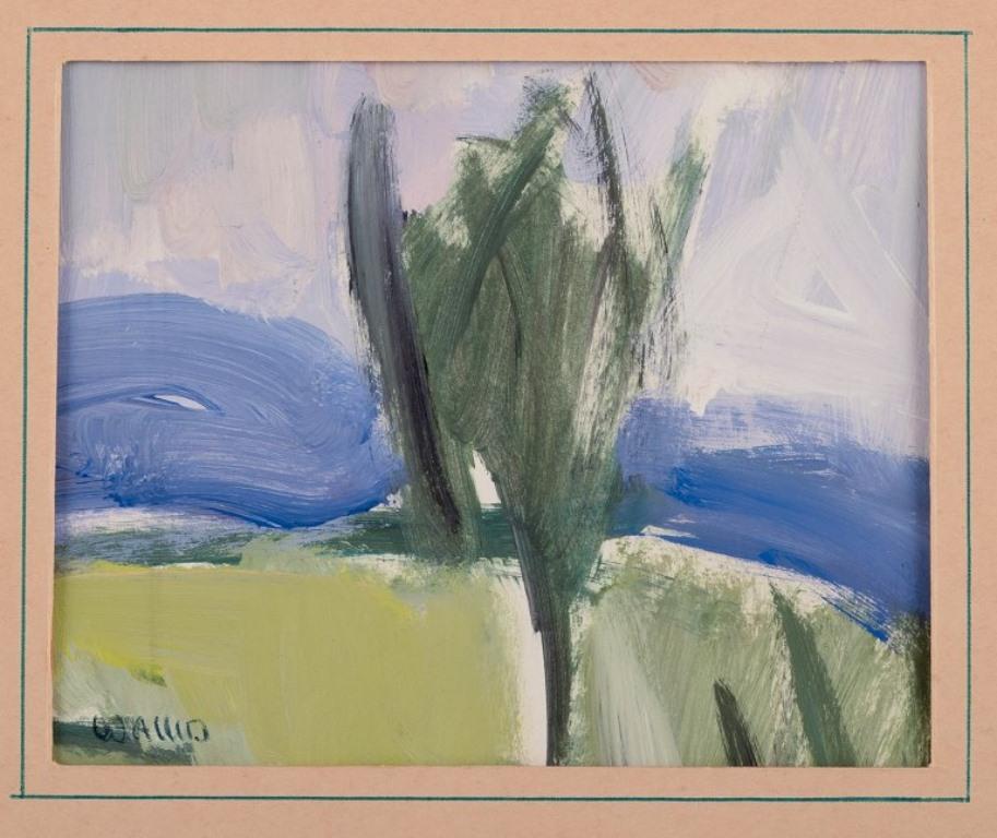 Helmer Wallin (1906-2004), listed Swedish artist. 
Acrylic on paper.
Abstract landscape.
1960s.
Signed.
In perfect condition.
Total dimensions: 26.5 cm x 21.5 cm.
Image dimensions: 15.0 cm x 12.0 cm.
