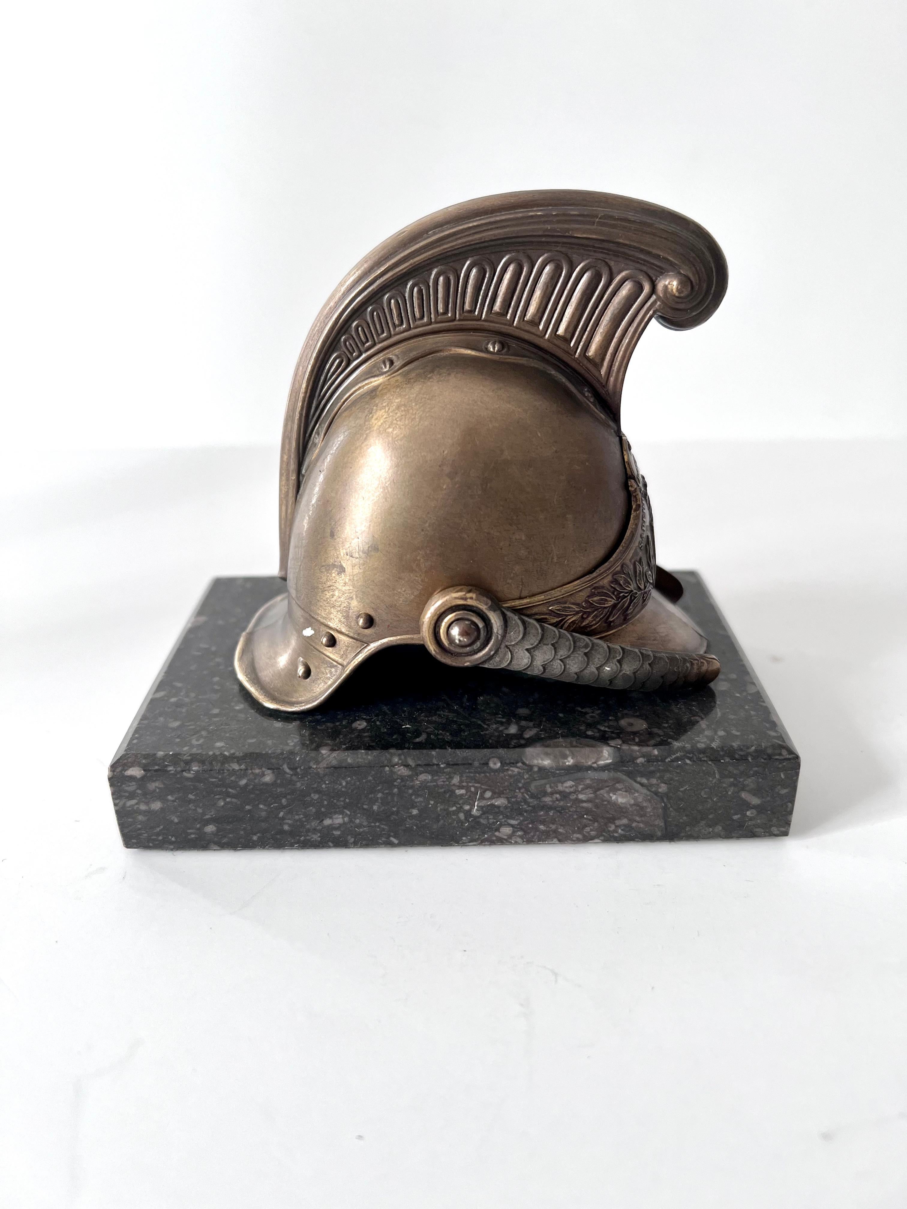 Mid-Century Modern Helmet Paperweight Mounted on a Piece of Marble Paris France For Sale