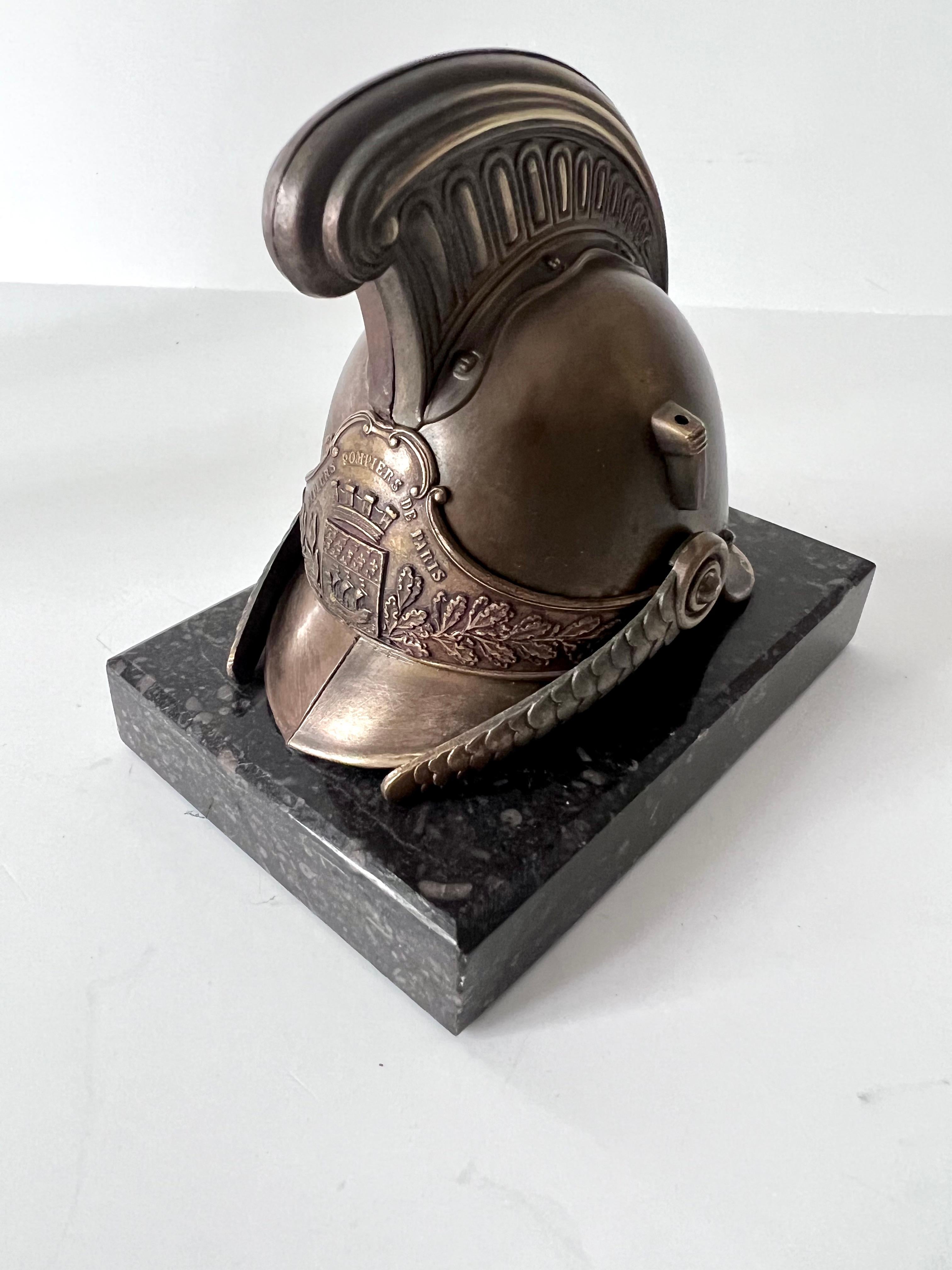 French Helmet Paperweight Mounted on a Piece of Marble Paris France For Sale