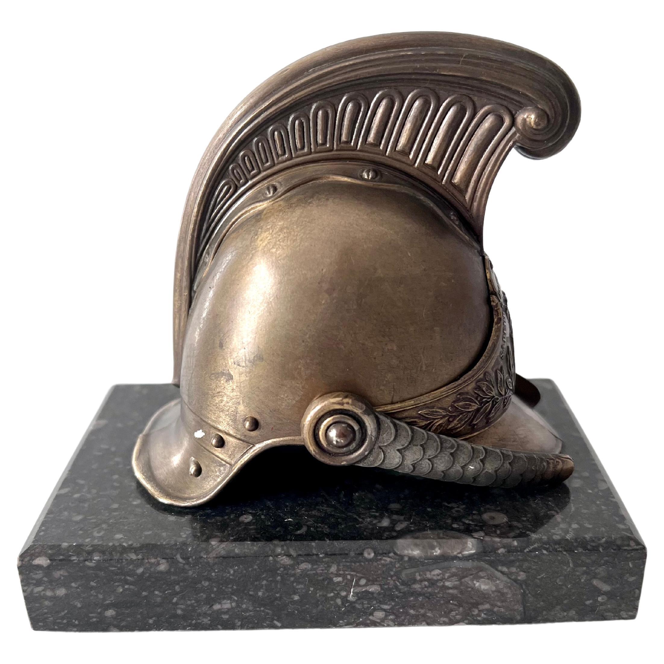 Helmet Paperweight Mounted on a Piece of Marble Paris France For Sale