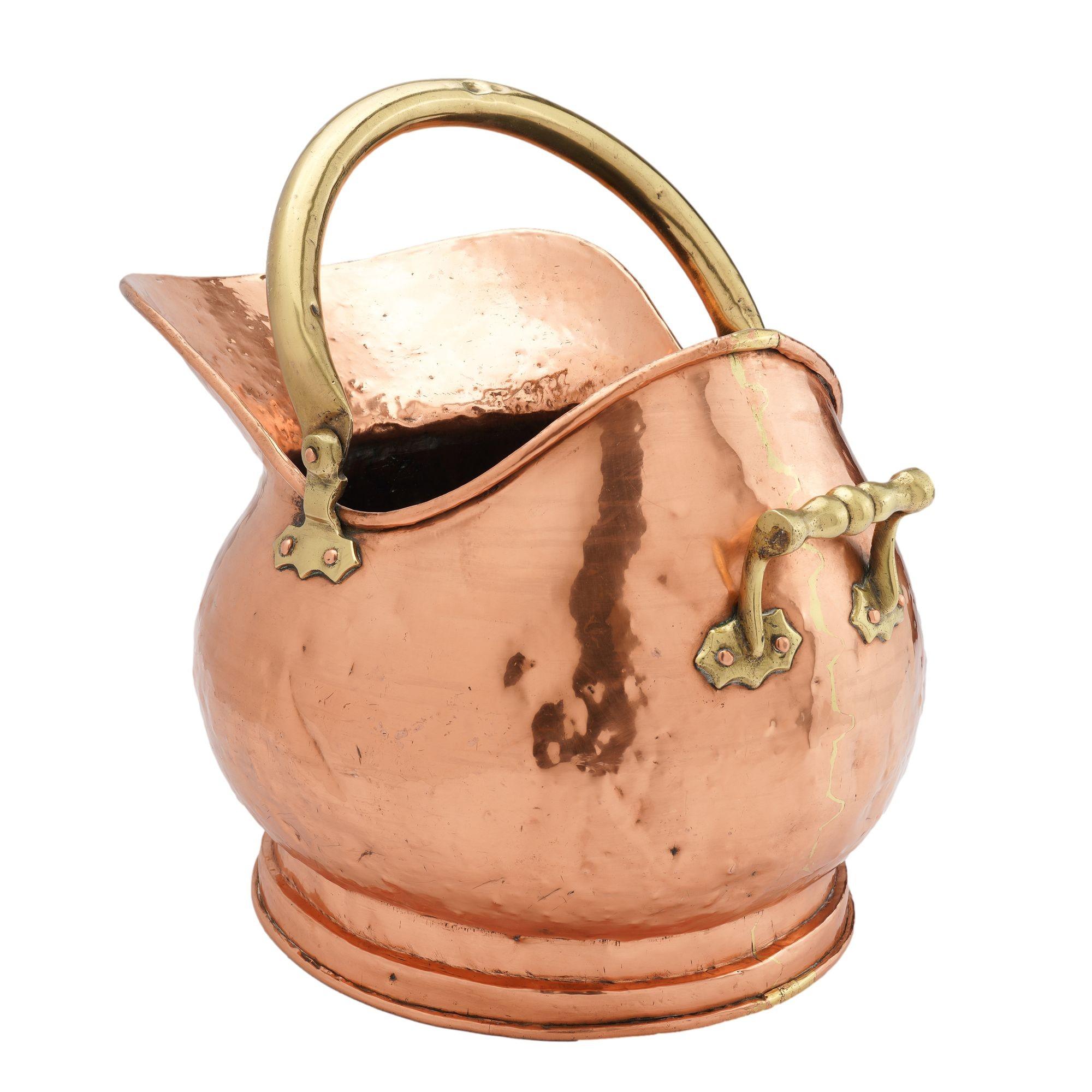 Helmet shaped copper coal hod on a circular footed base, 1800's For Sale 9