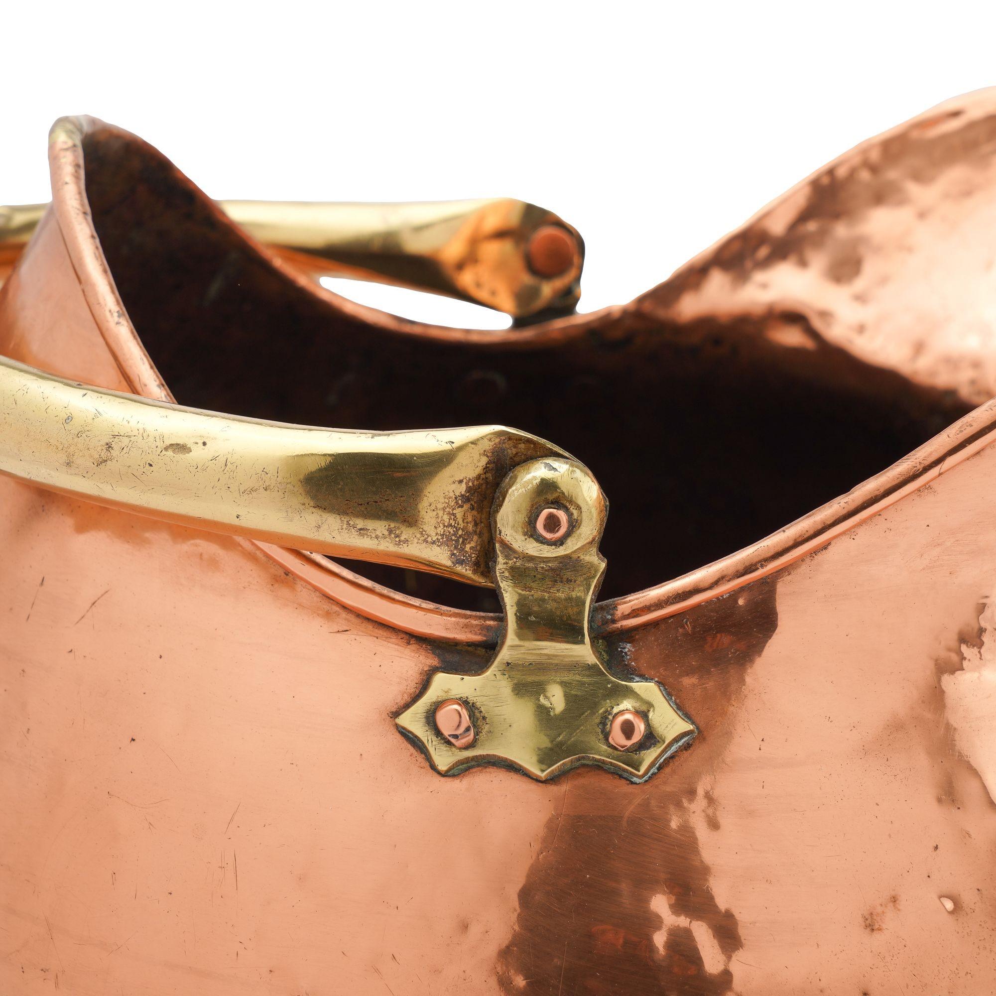 Helmet shaped copper coal hod on a circular footed base, 1800's For Sale 12