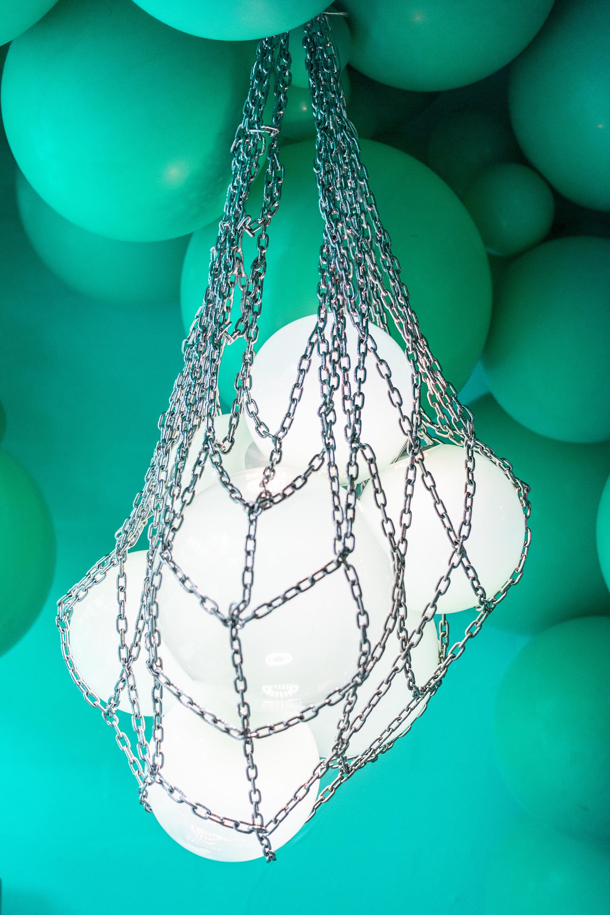 Helmi Hand Blown Green Glass and Steel Net Contemporary Chandelier In New Condition For Sale In London, Greater London