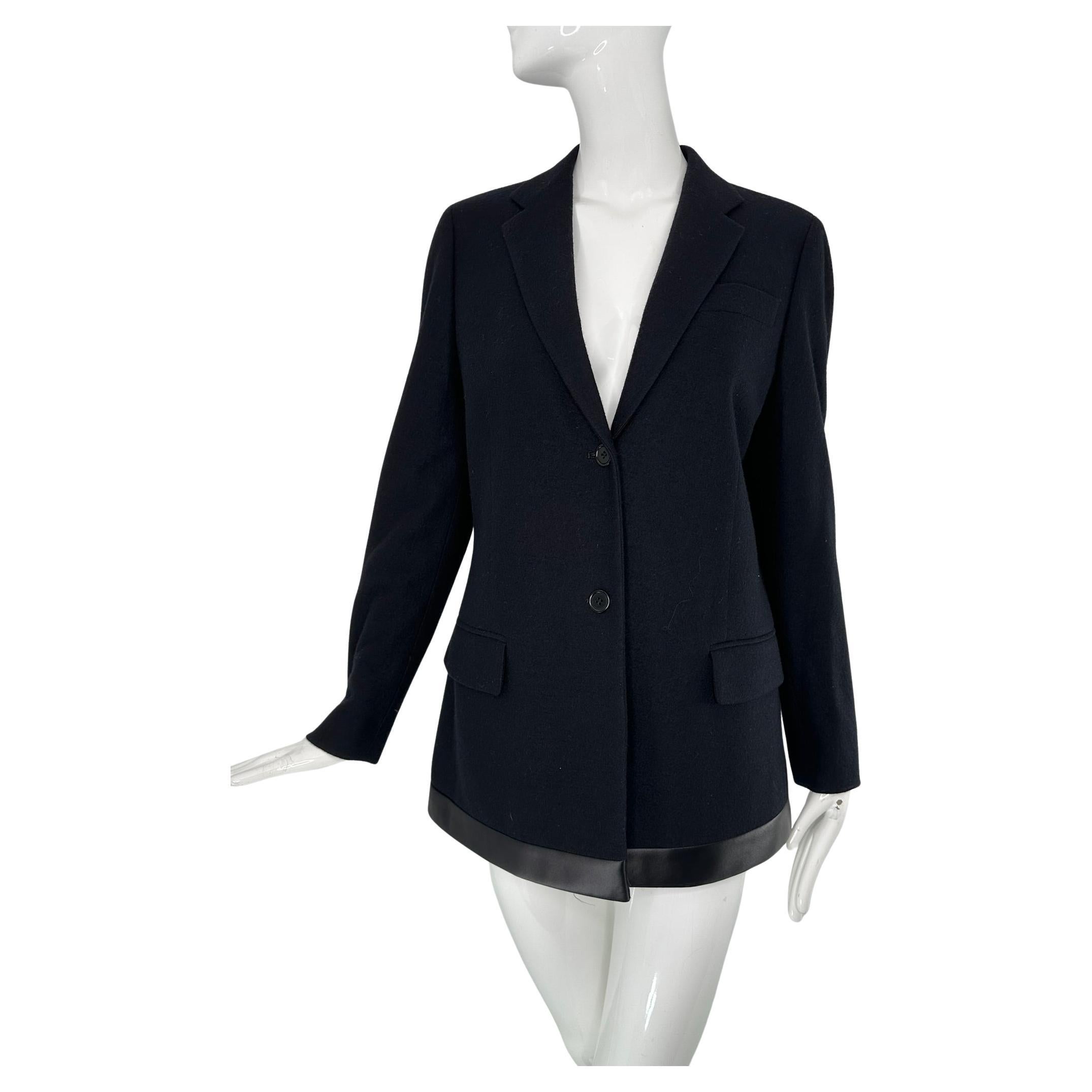 Helmut Lang 1990s Black Label Black Wool Jacket with Black Satin Hem Band 44