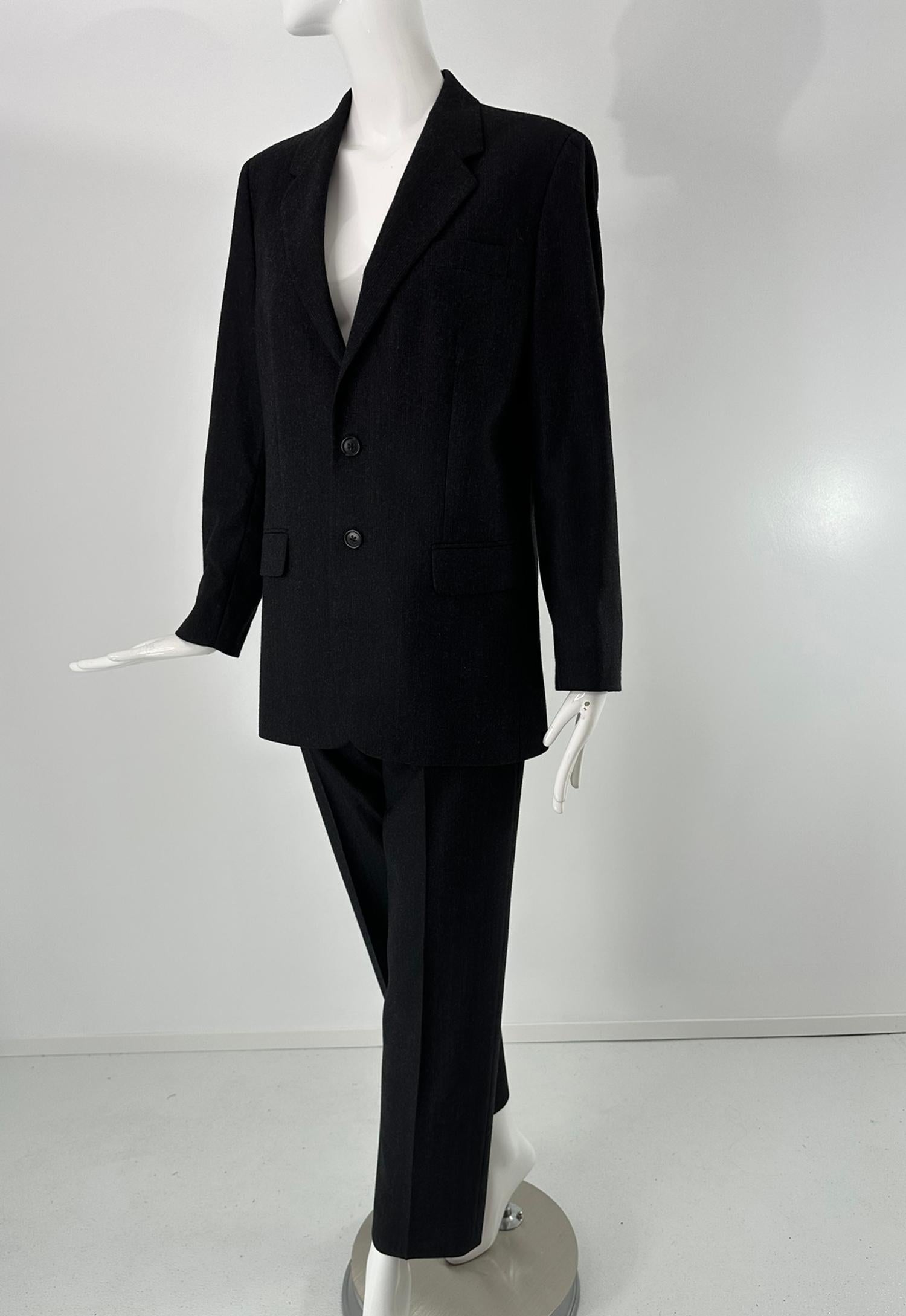 Helmut Lang anni '90, lana grigio scuro con strisce a spillo, abito a pantalone monopetto 44 in vendita 7