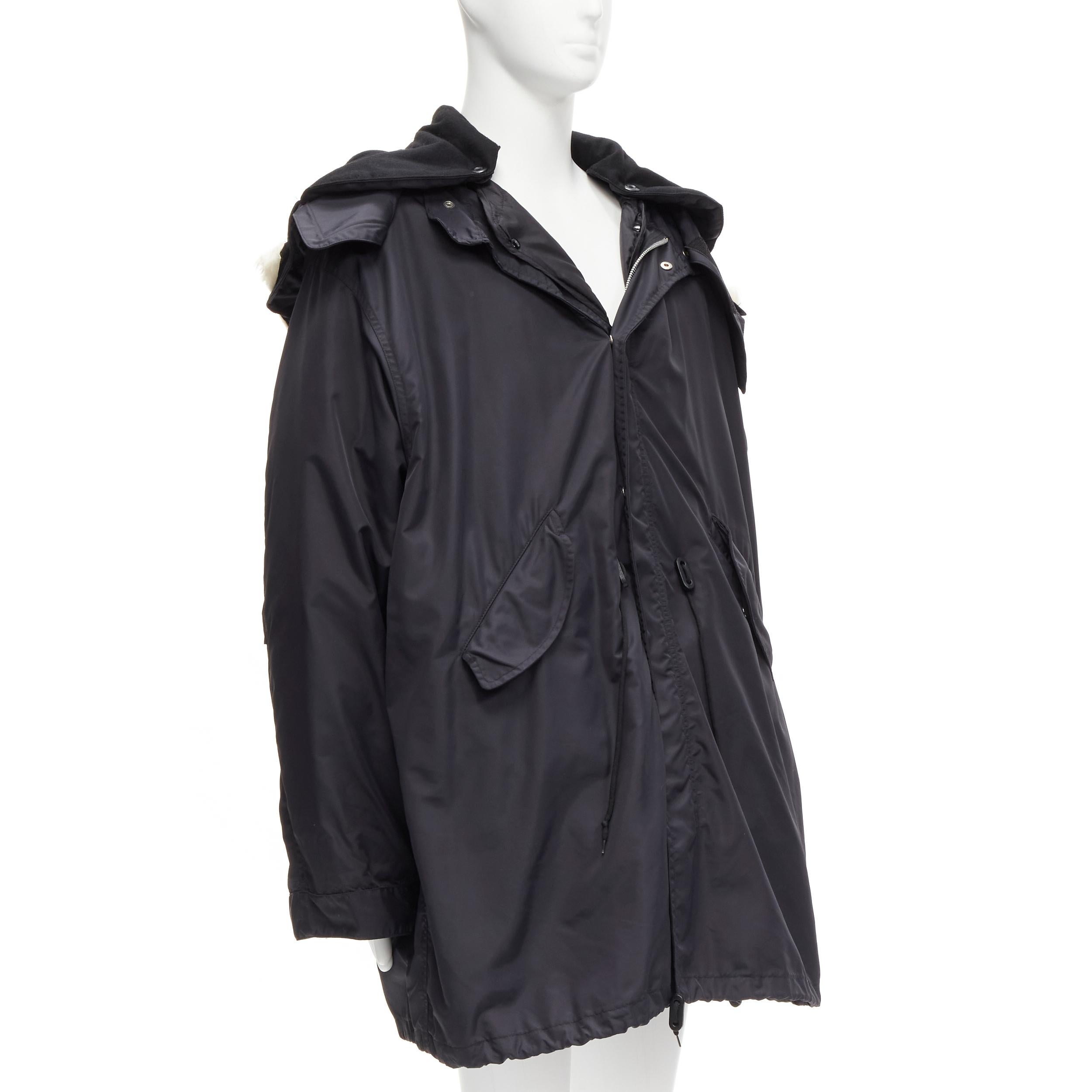 Men's HELMUT LANG 1998 Astro goose down black detachable faux fur hood padded coat M