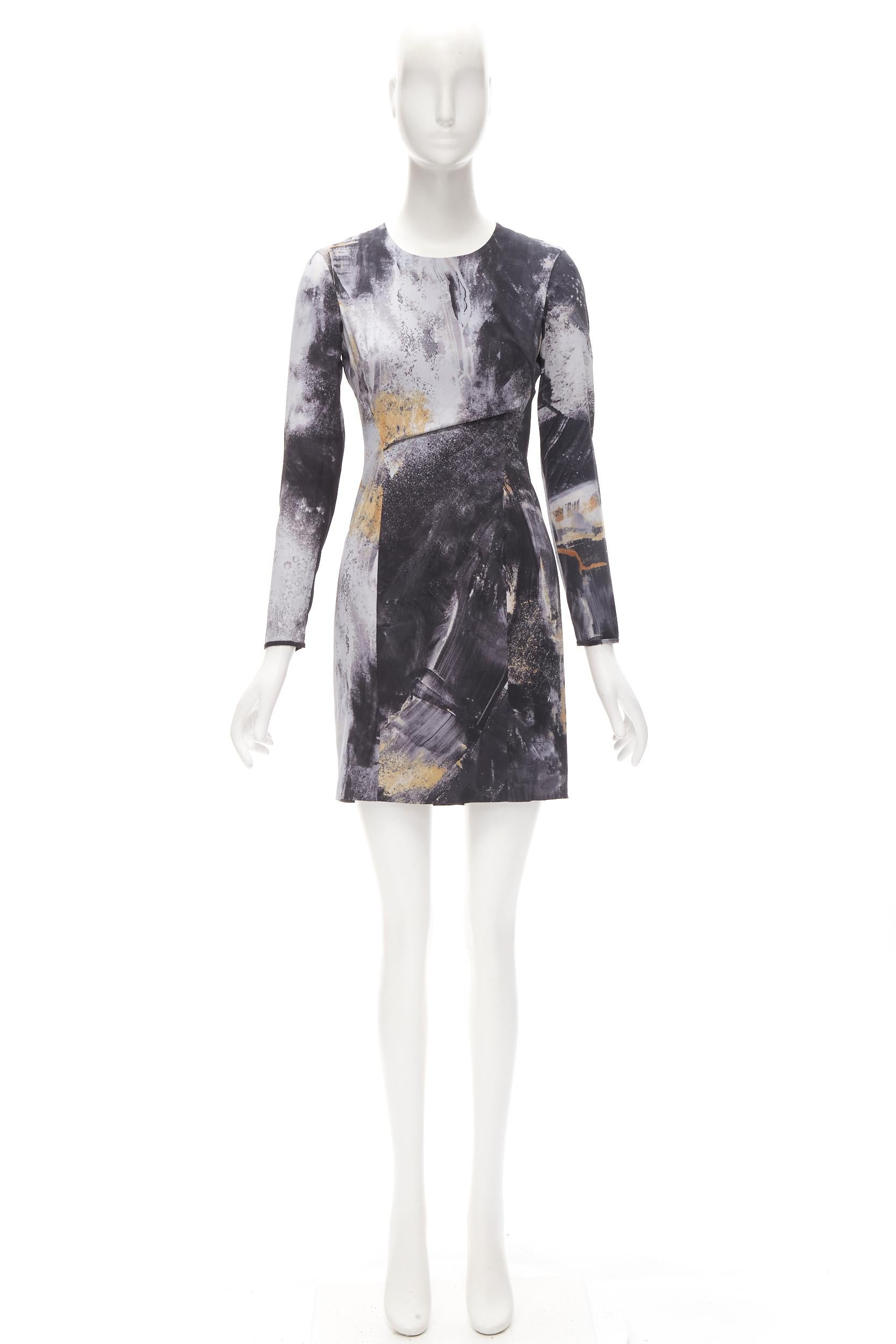 HELMUT LANG abstract grey gold paint stroke print mini dress S For Sale 4