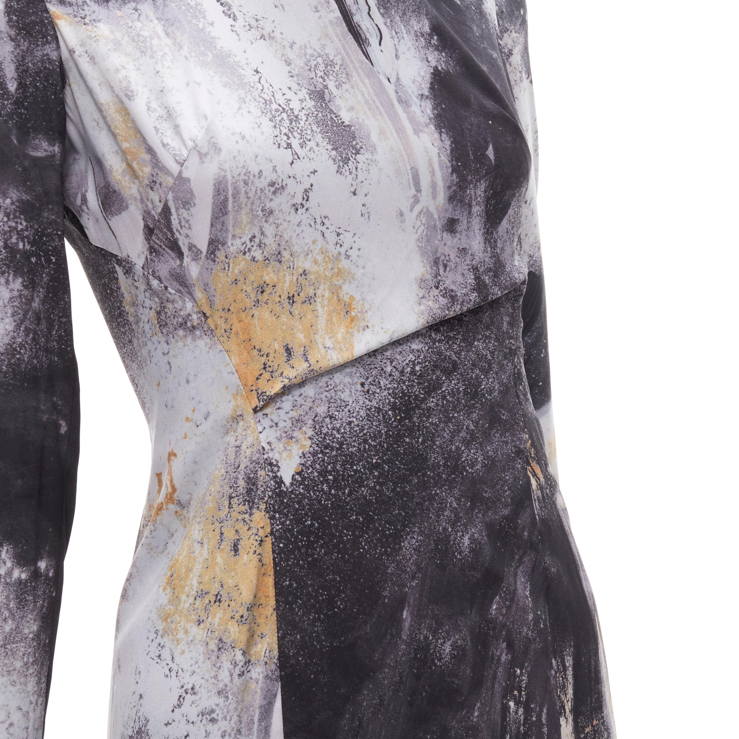 HELMUT LANG abstract grey gold paint stroke print mini dress S 
Reference: ANWU/A00671 
Brand: Helmut Lang 
Material: Feels like viscose 
Color: Grey 
Pattern: Abstract 
Closure: Zip Extra 
Detail: Draped dart at front. 


CONDITION: 
Condition: