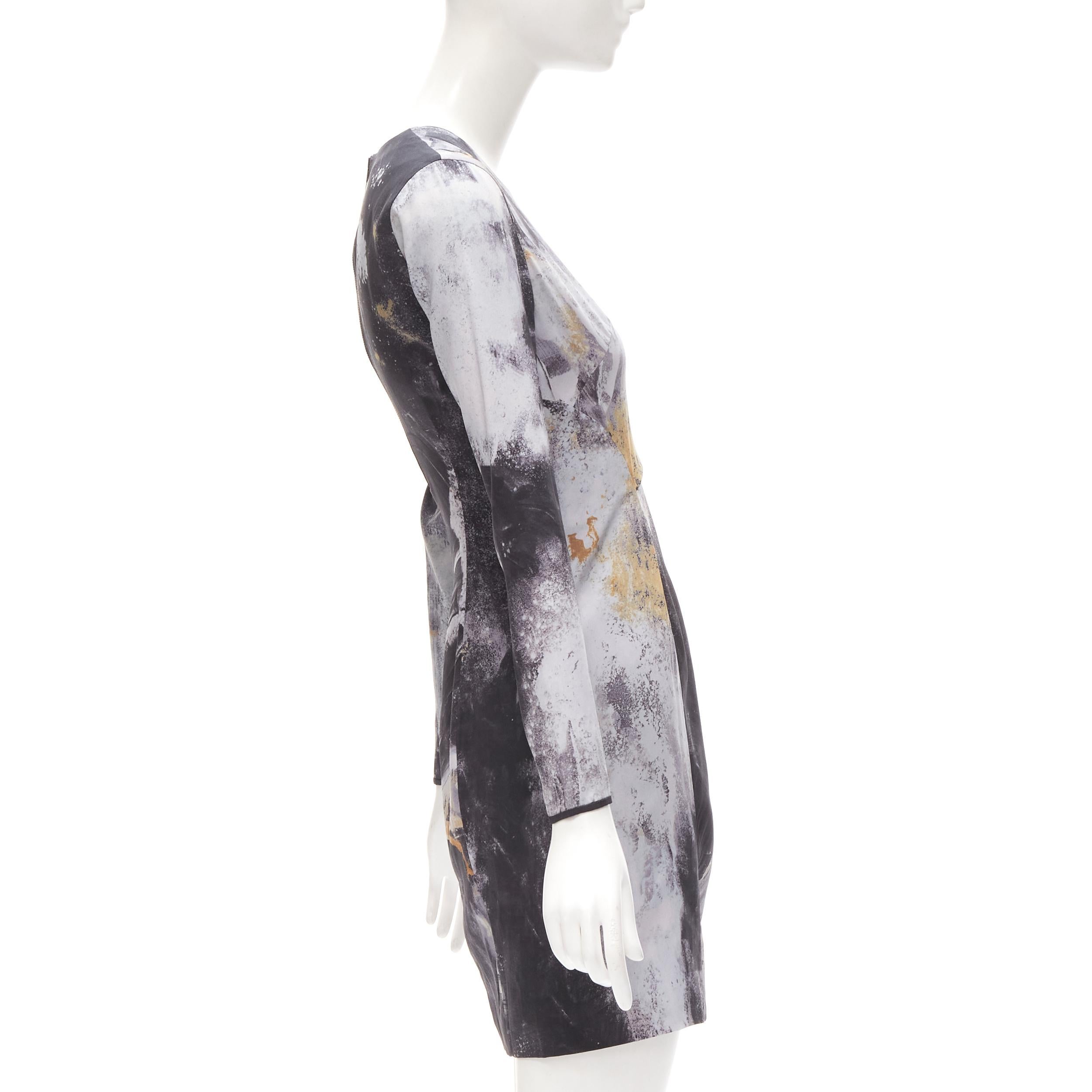 Gray HELMUT LANG abstract grey gold paint stroke print mini dress S For Sale