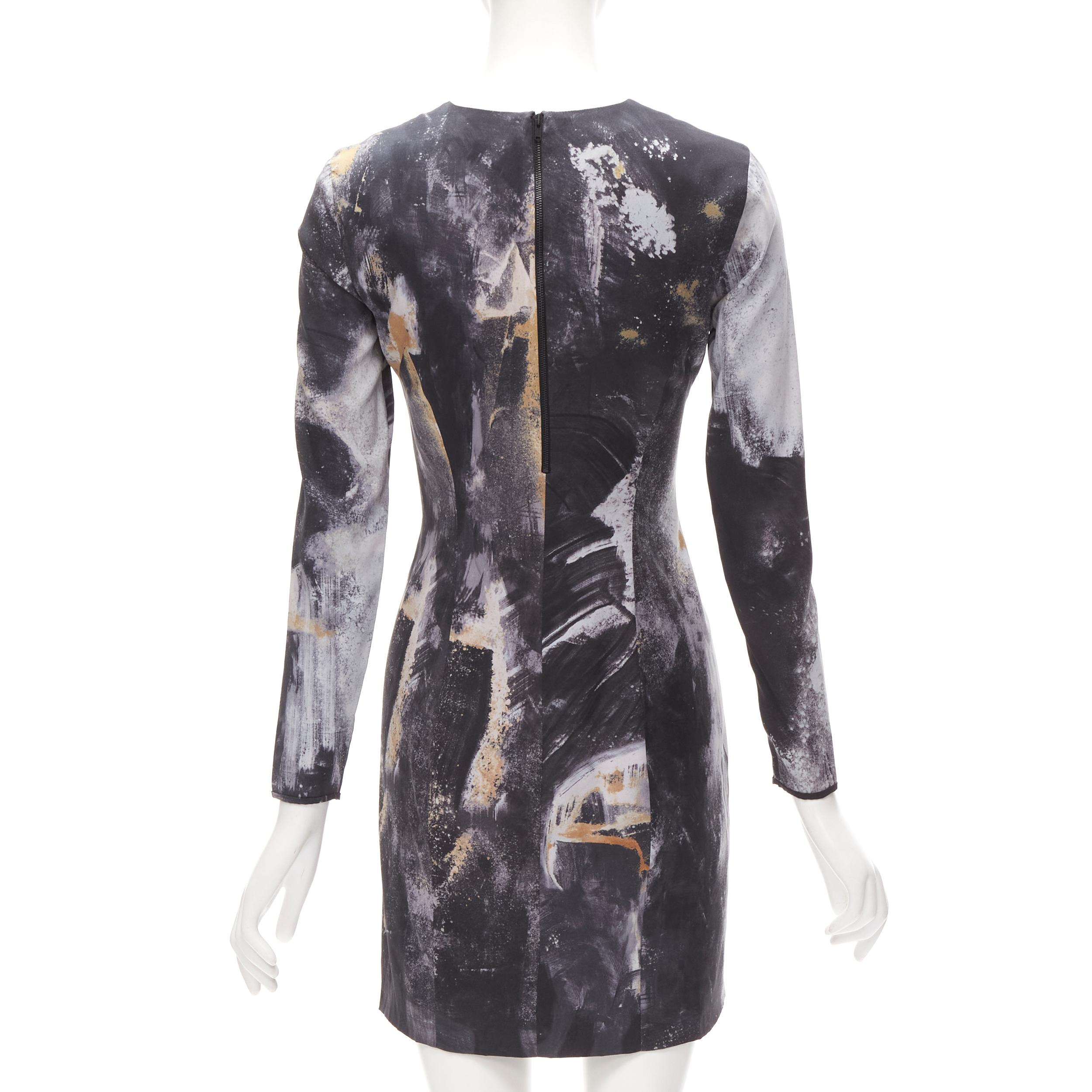 HELMUT LANG abstract grey gold paint stroke print mini dress S In Excellent Condition For Sale In Hong Kong, NT