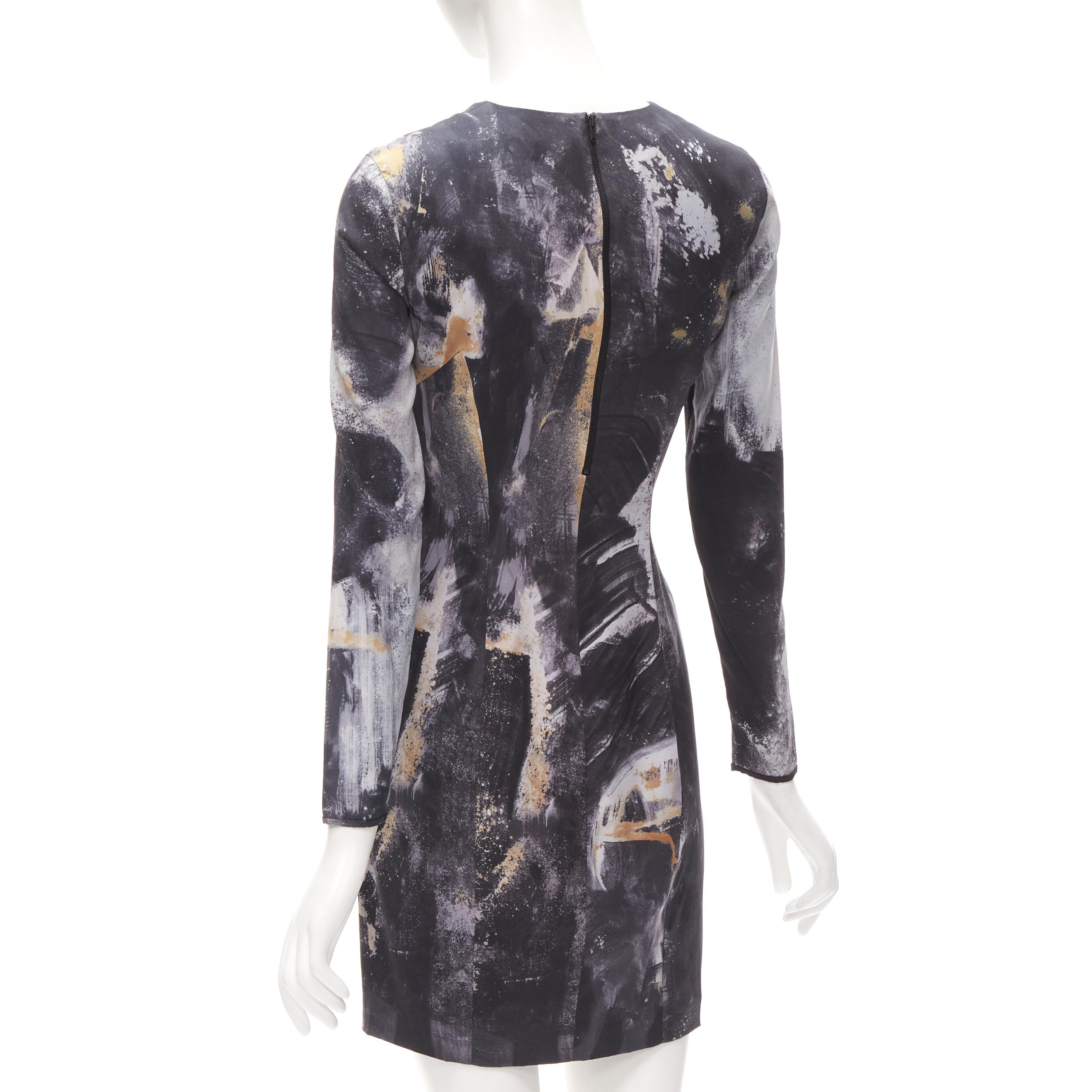 Women's HELMUT LANG abstract grey gold paint stroke print mini dress S For Sale