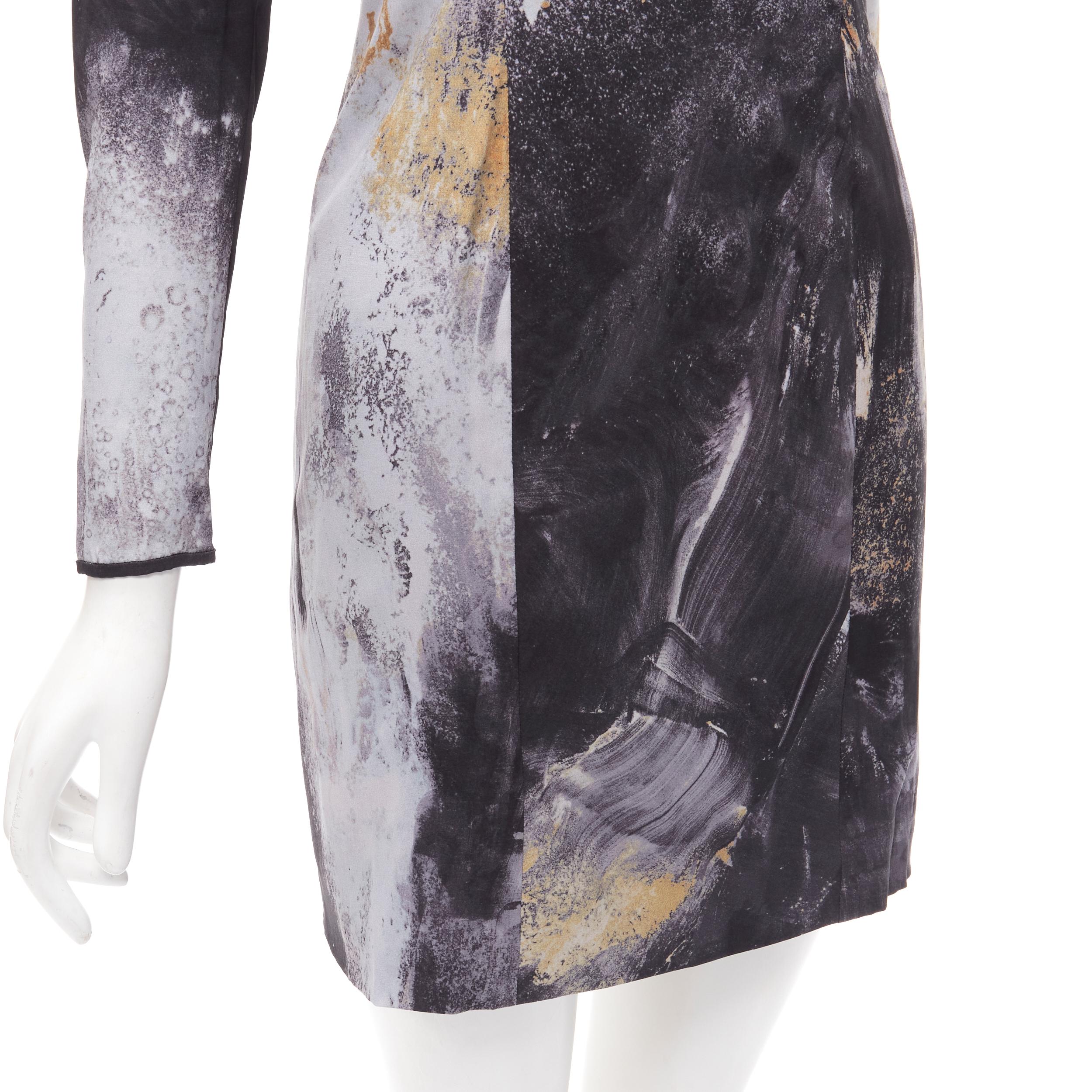 HELMUT LANG abstract grey gold paint stroke print mini dress S For Sale 1