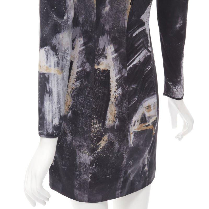 HELMUT LANG abstract grey gold paint stroke print mini dress S For Sale 3