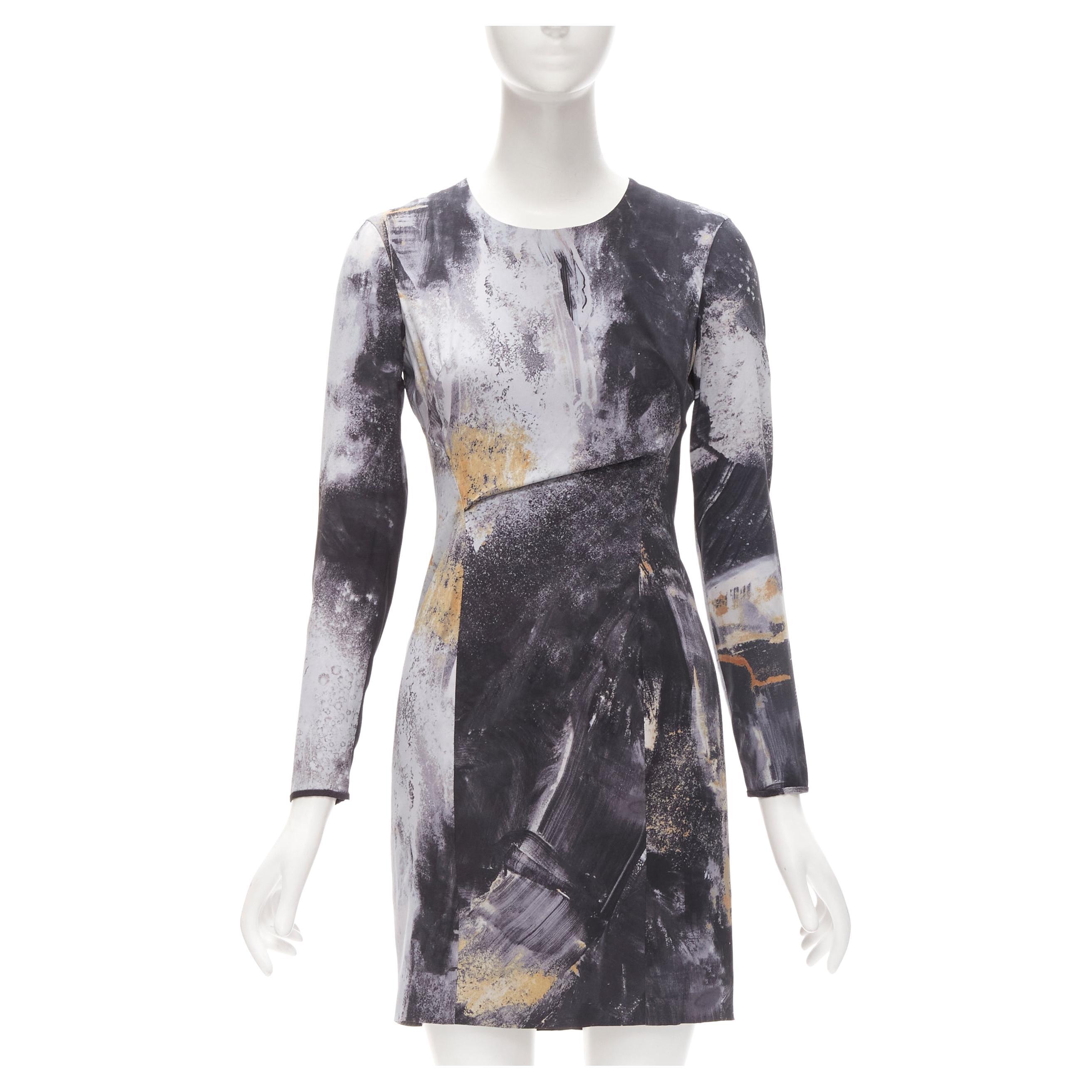 HELMUT LANG abstract grey gold paint stroke print mini dress S For Sale