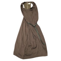 Helmut Lang Asymmetric Belted Crepe Dress in Brown Polyester