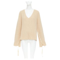 HELMUT LANG beige wool cashmere lace up sleeves relaxed oversized sweater M