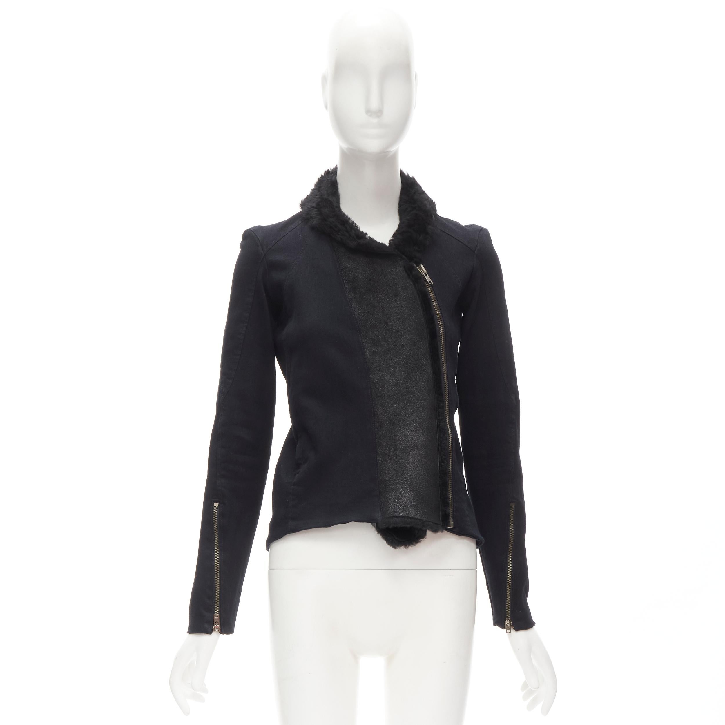 HELMUT LANG black faux fur collar washed cotton biker jacket XS For Sale 5
