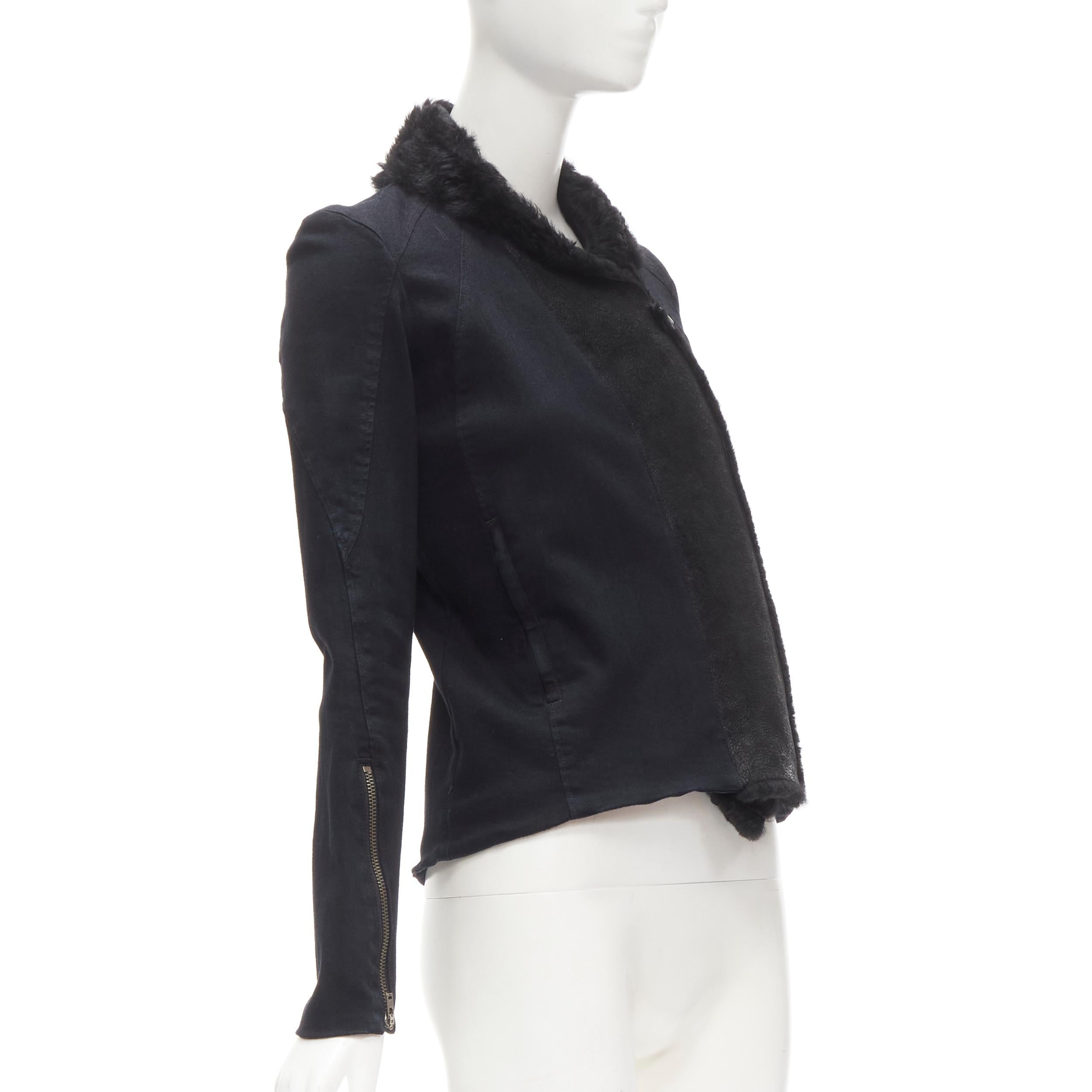 Black HELMUT LANG black faux fur collar washed cotton biker jacket XS For Sale