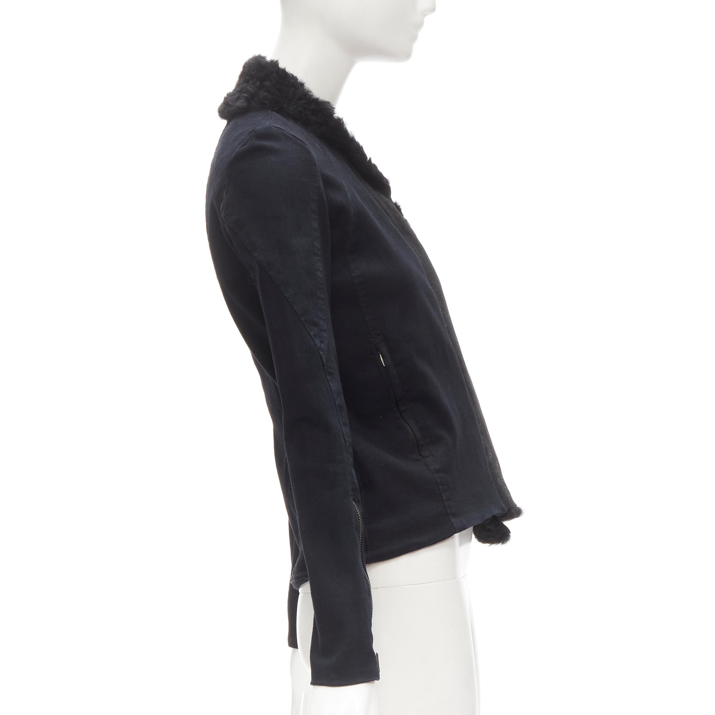 HELMUT LANG black faux fur collar washed cotton biker jacket XS In Excellent Condition For Sale In Hong Kong, NT
