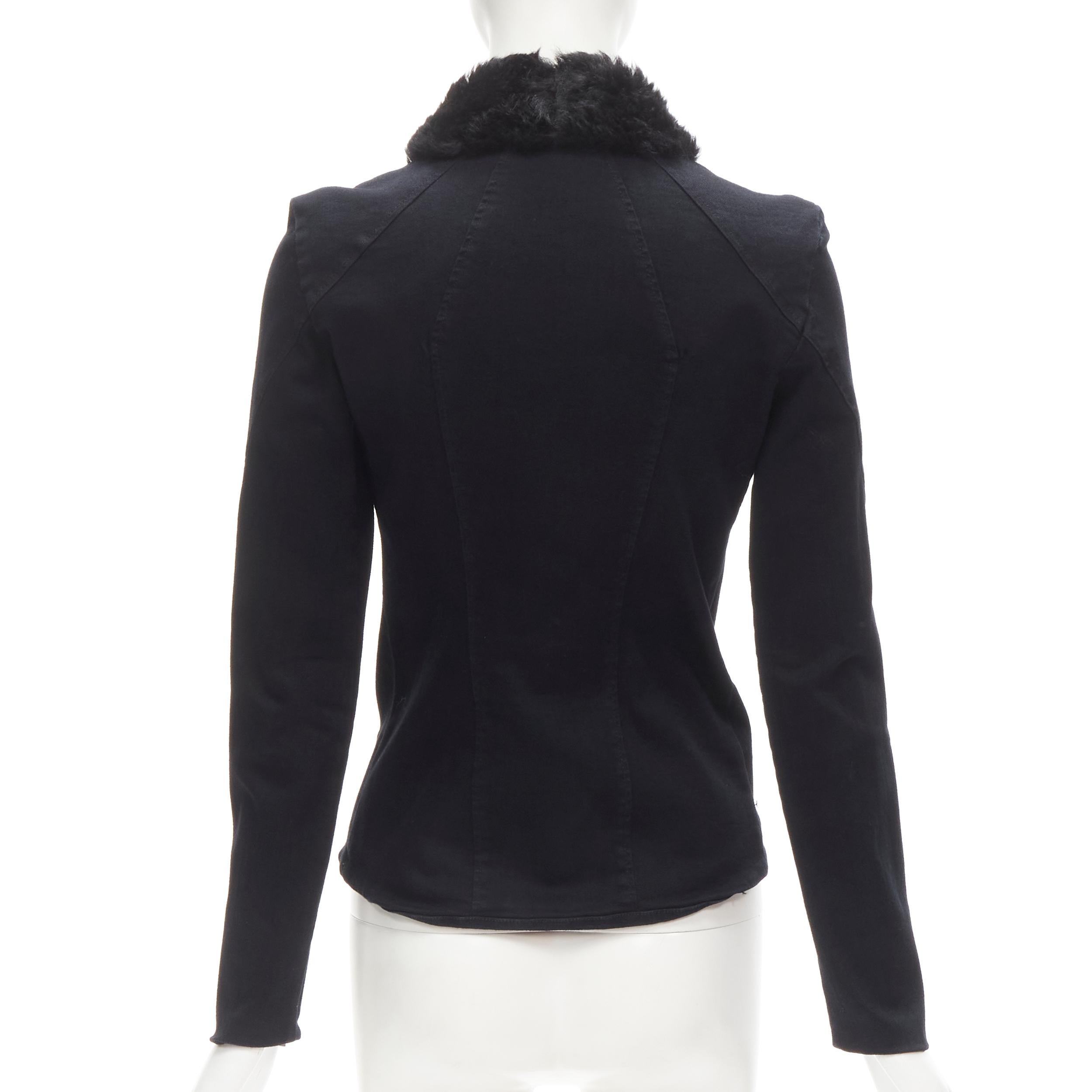 Women's HELMUT LANG black faux fur collar washed cotton biker jacket XS For Sale