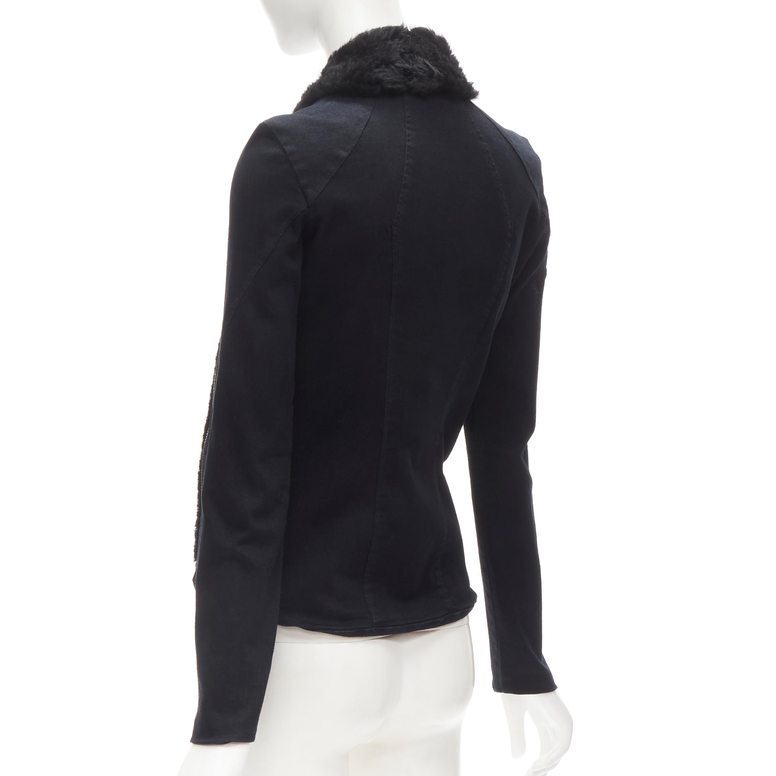 HELMUT LANG black faux fur collar washed cotton biker jacket XS For Sale 1