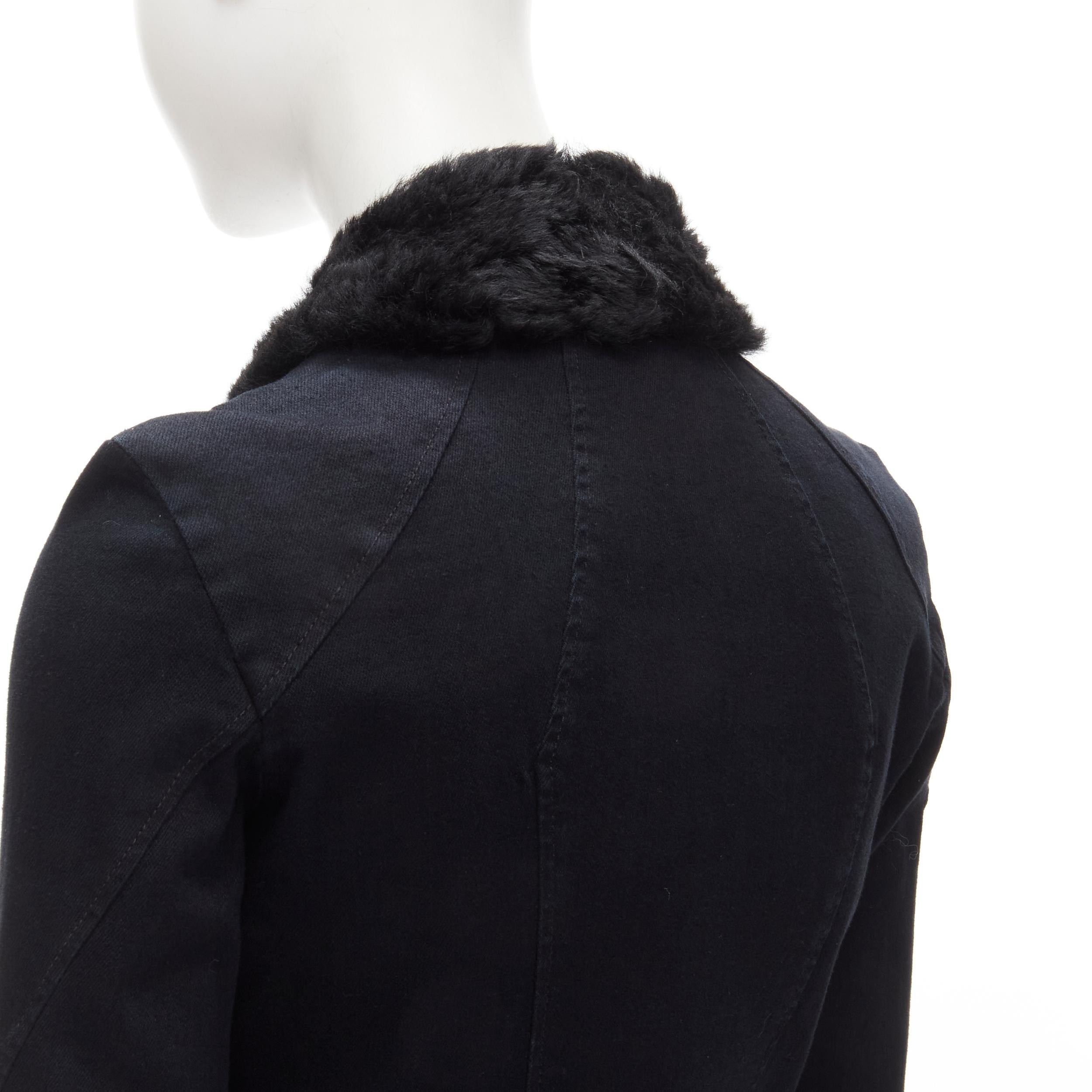 HELMUT LANG black faux fur collar washed cotton biker jacket XS For Sale 2