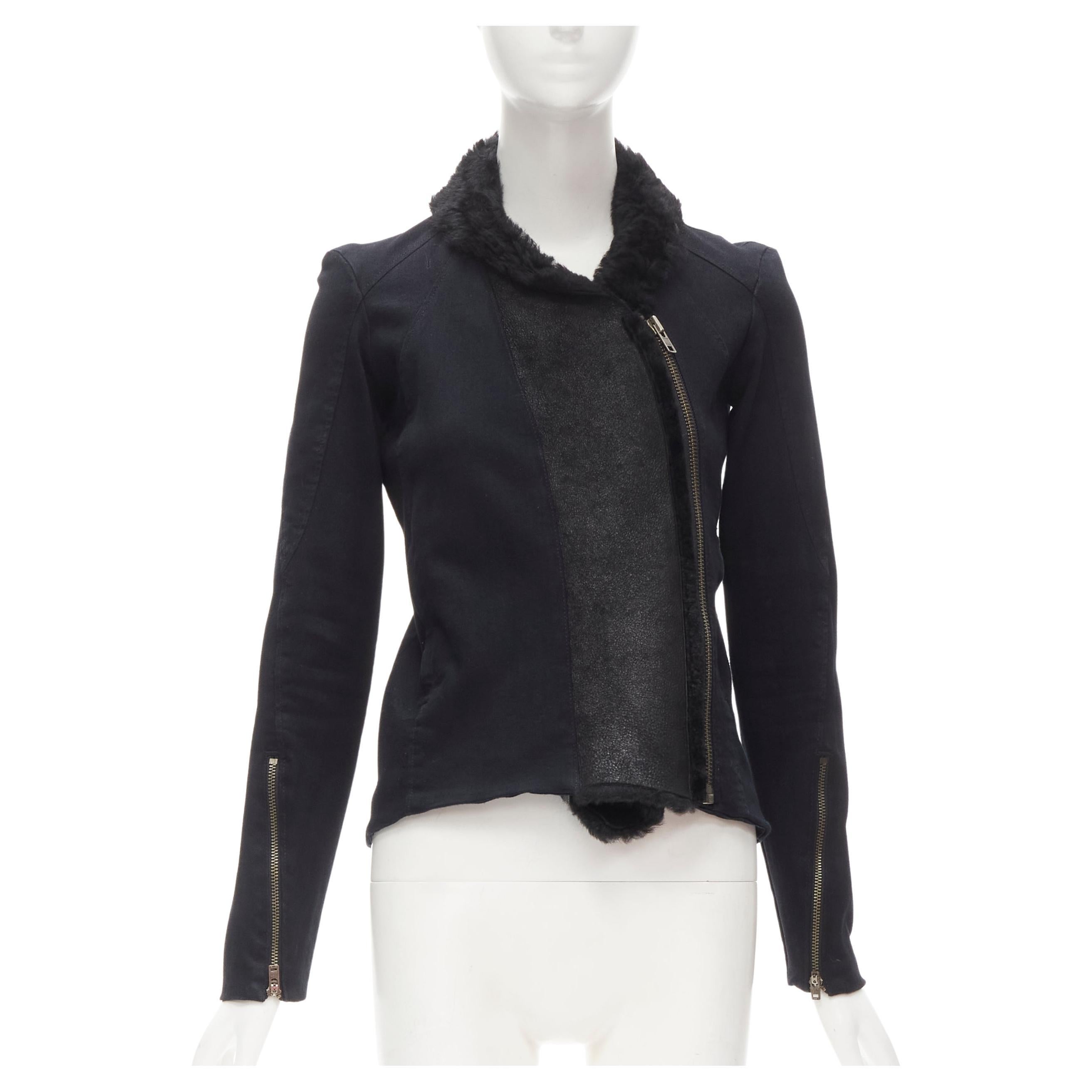 HELMUT LANG black faux fur collar washed cotton biker jacket XS For Sale