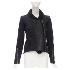 HELMUT LANG black faux fur collar washed cotton biker jacket XS