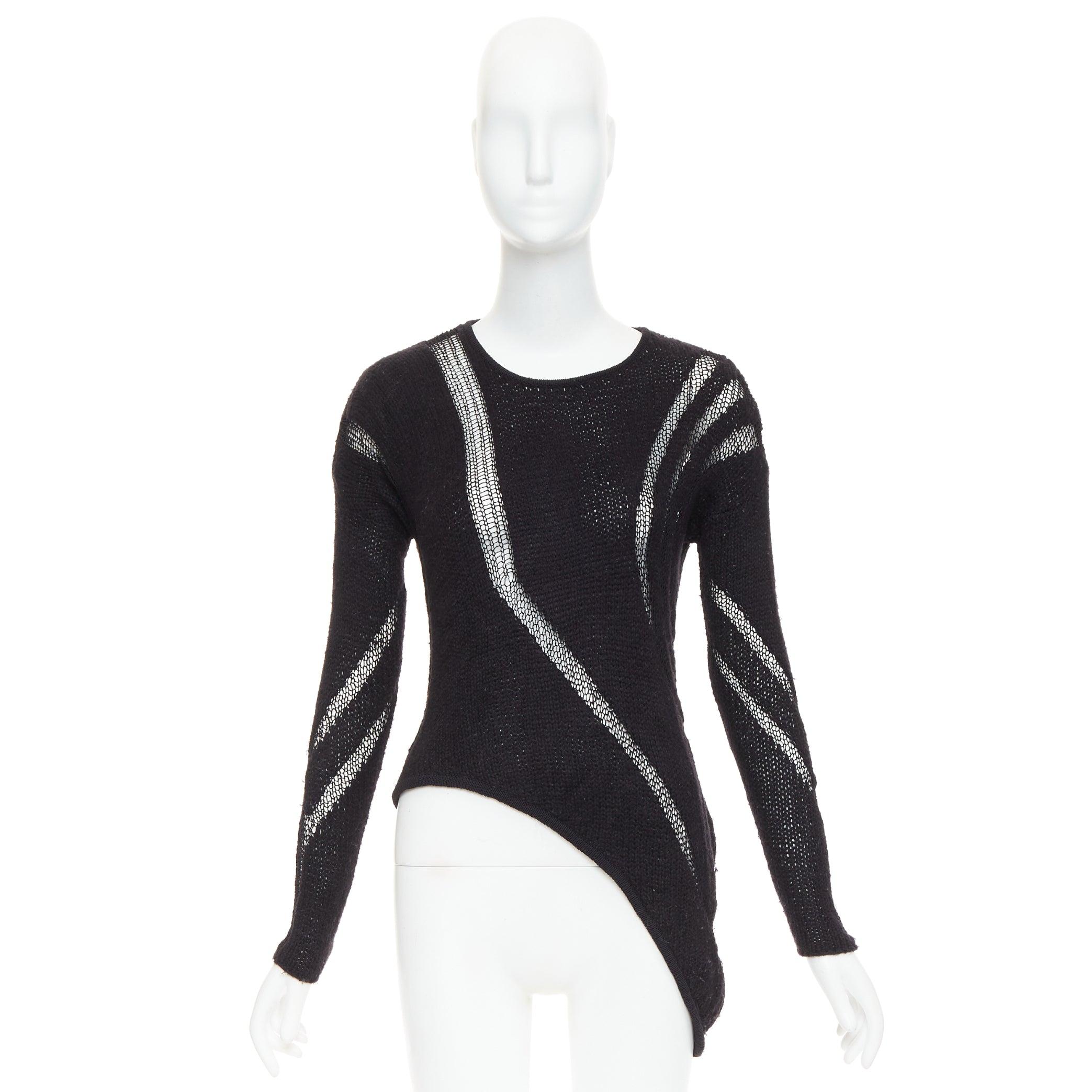 HELMUT LANG suéter de punto negro de rejilla con gráfico y dobladillo asimétrico P XS en venta 4