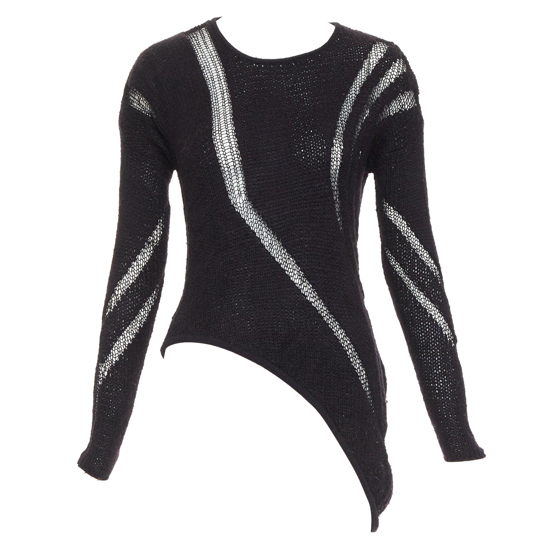 HELMUT LANG suéter de punto negro de rejilla con gráfico y dobladillo asimétrico P XS en venta