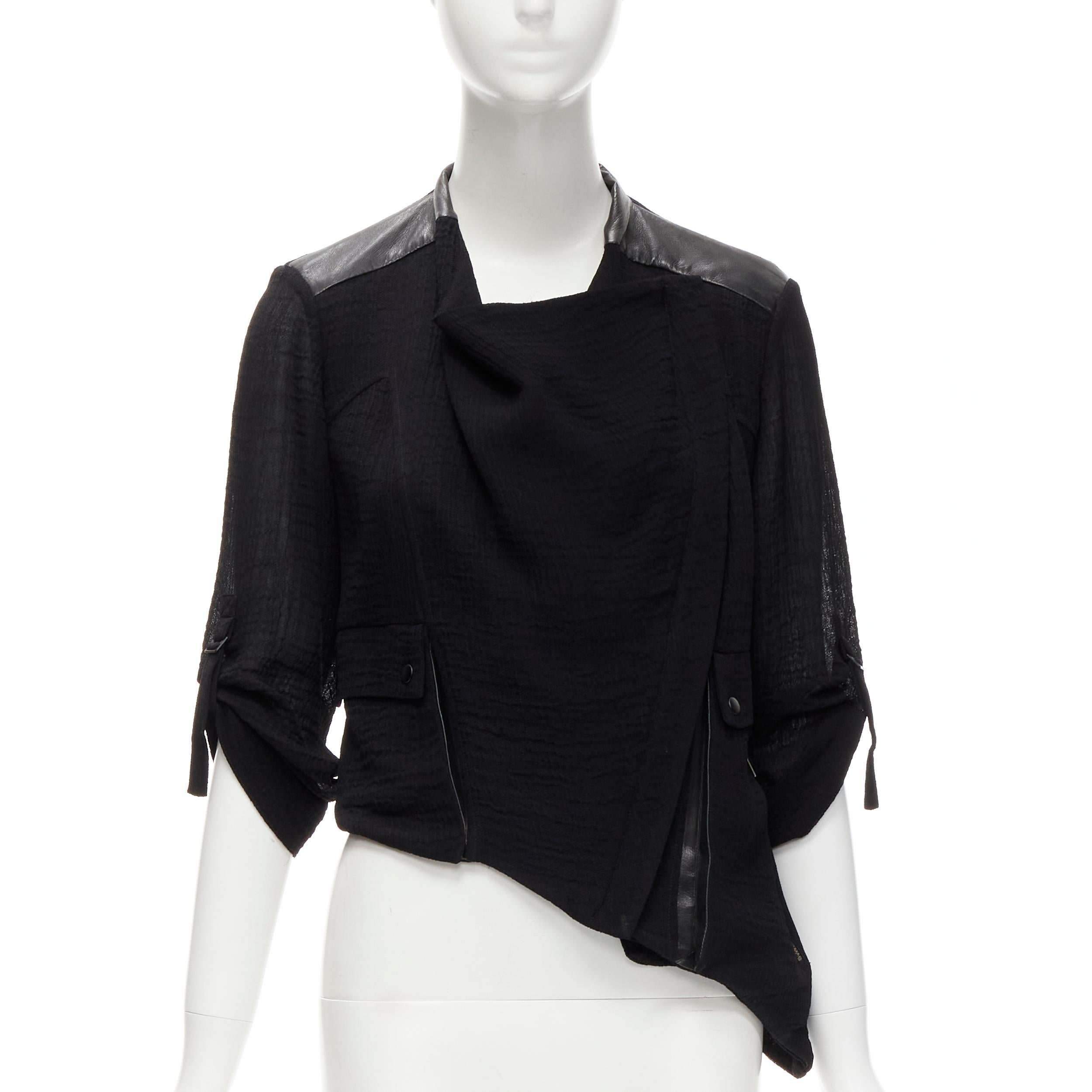 Noir HELMUT LANG - Veste de motard en cuir de mouton noir avec détails en biais S en vente