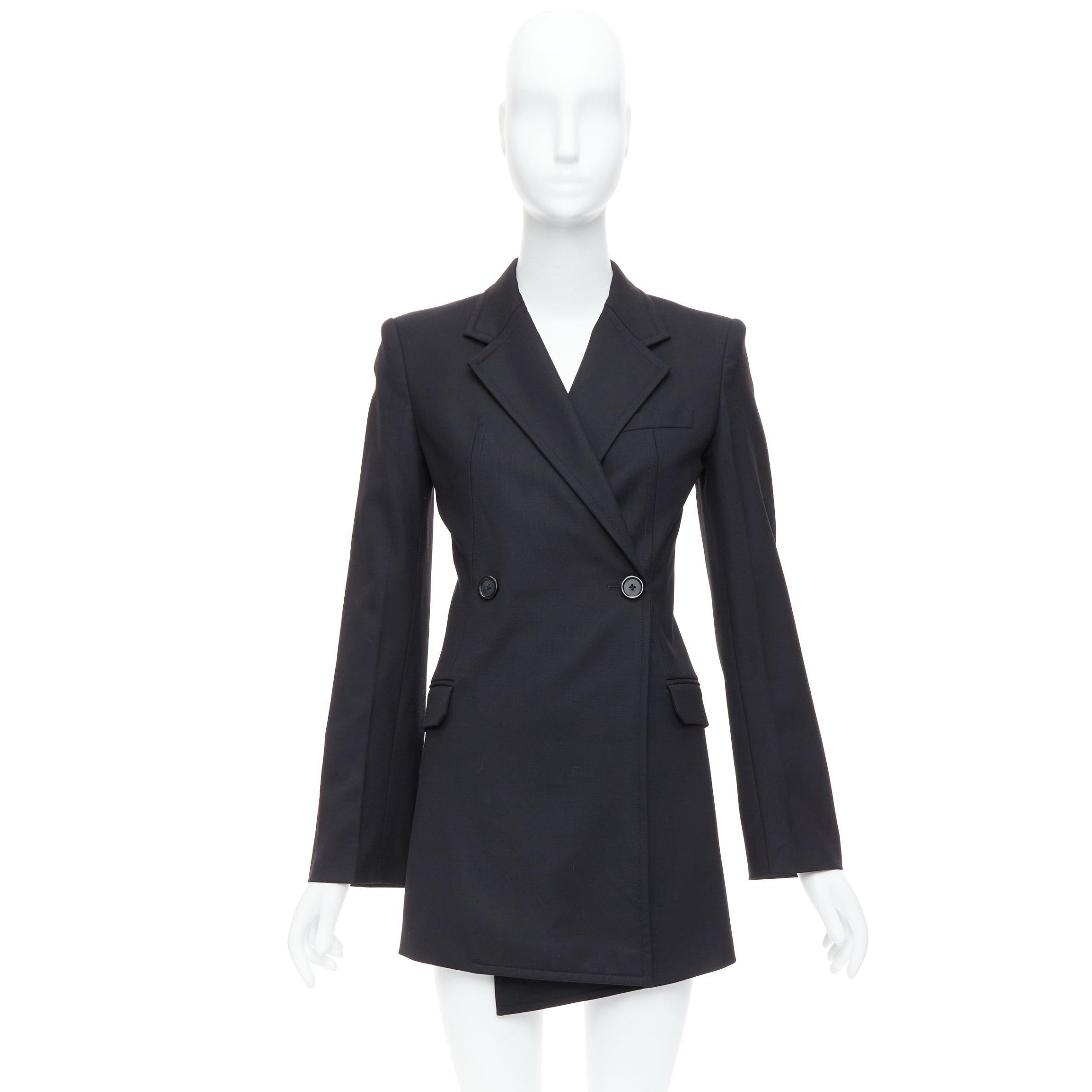 HELMUT LANG black virgin wool blend twill flare long blazer US0 XS For Sale 5