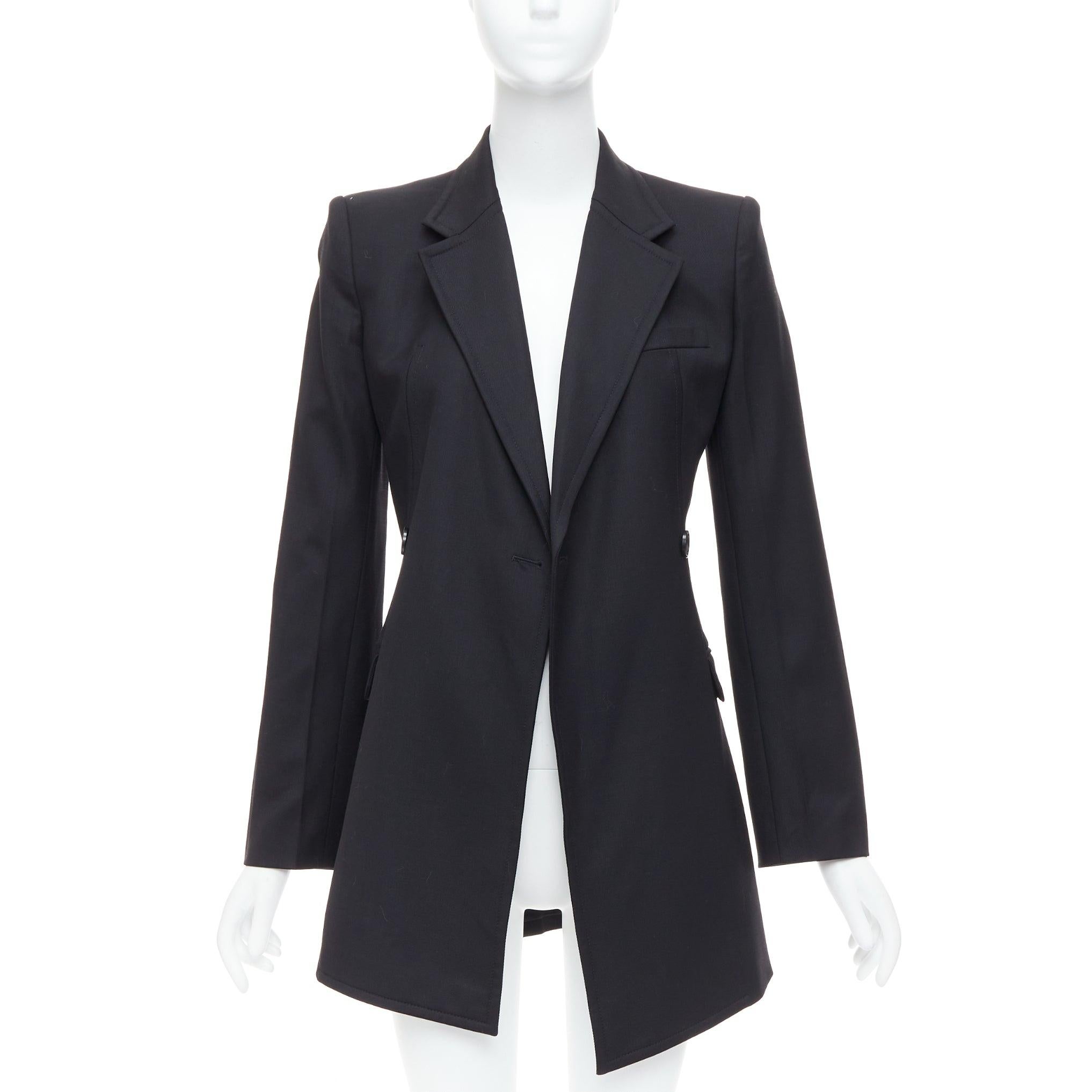 Black HELMUT LANG black virgin wool blend twill flare long blazer US0 XS For Sale