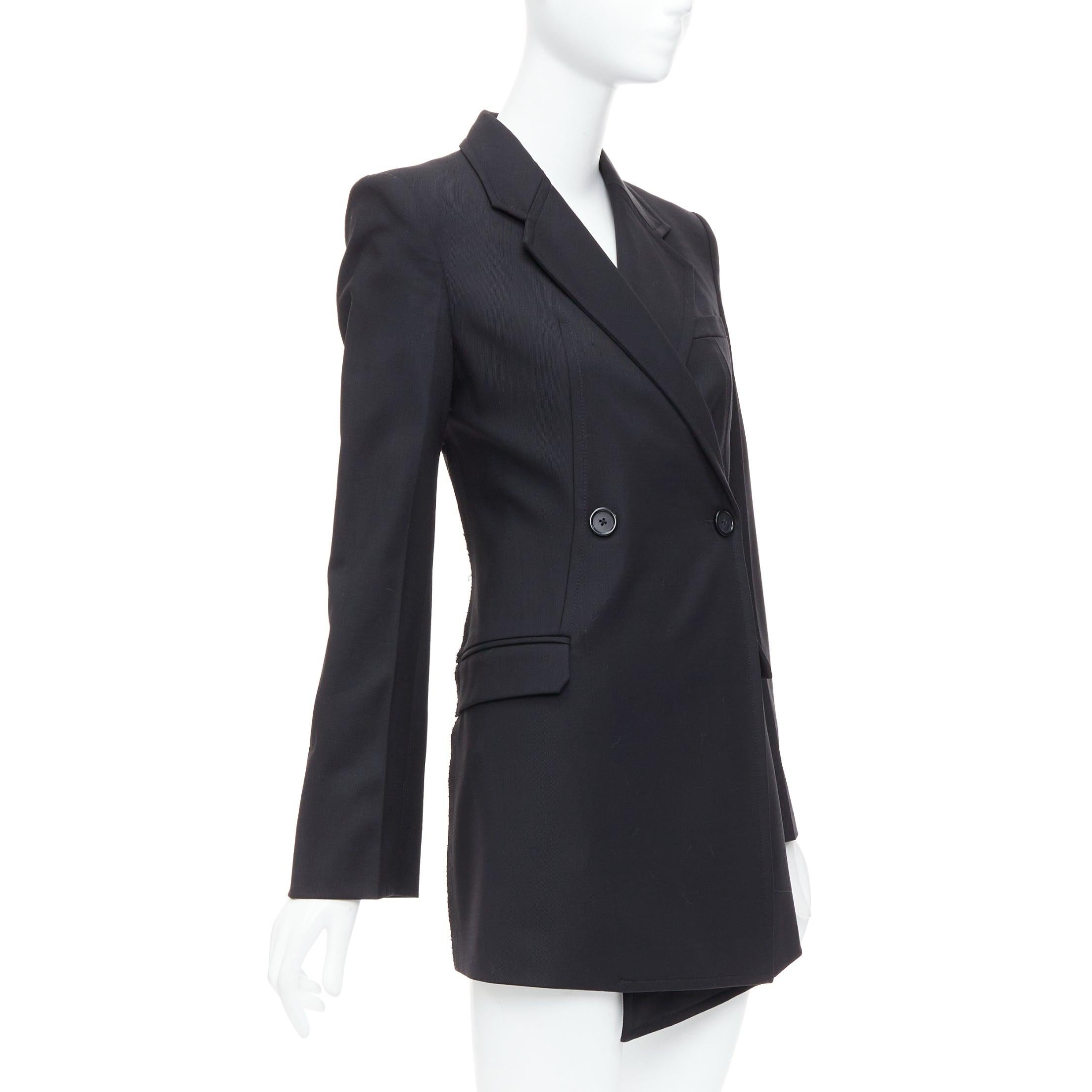 HELMUT LANG black virgin wool blend twill flare long blazer US0 XS In Excellent Condition For Sale In Hong Kong, NT