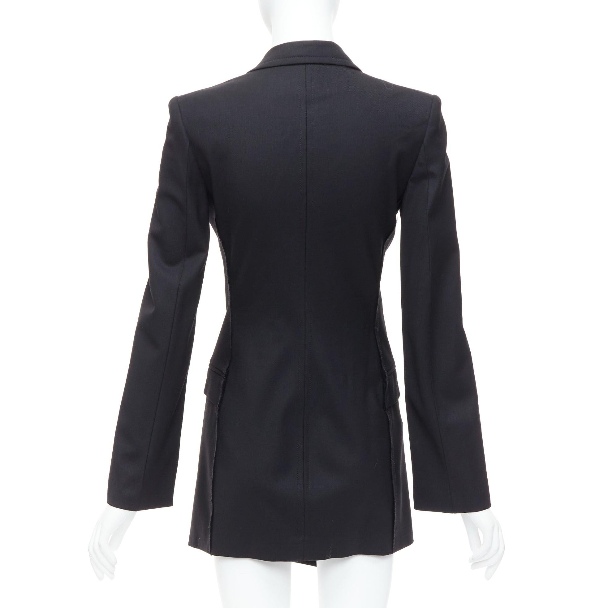 HELMUT LANG black virgin wool blend twill flare long blazer US0 XS For Sale 1