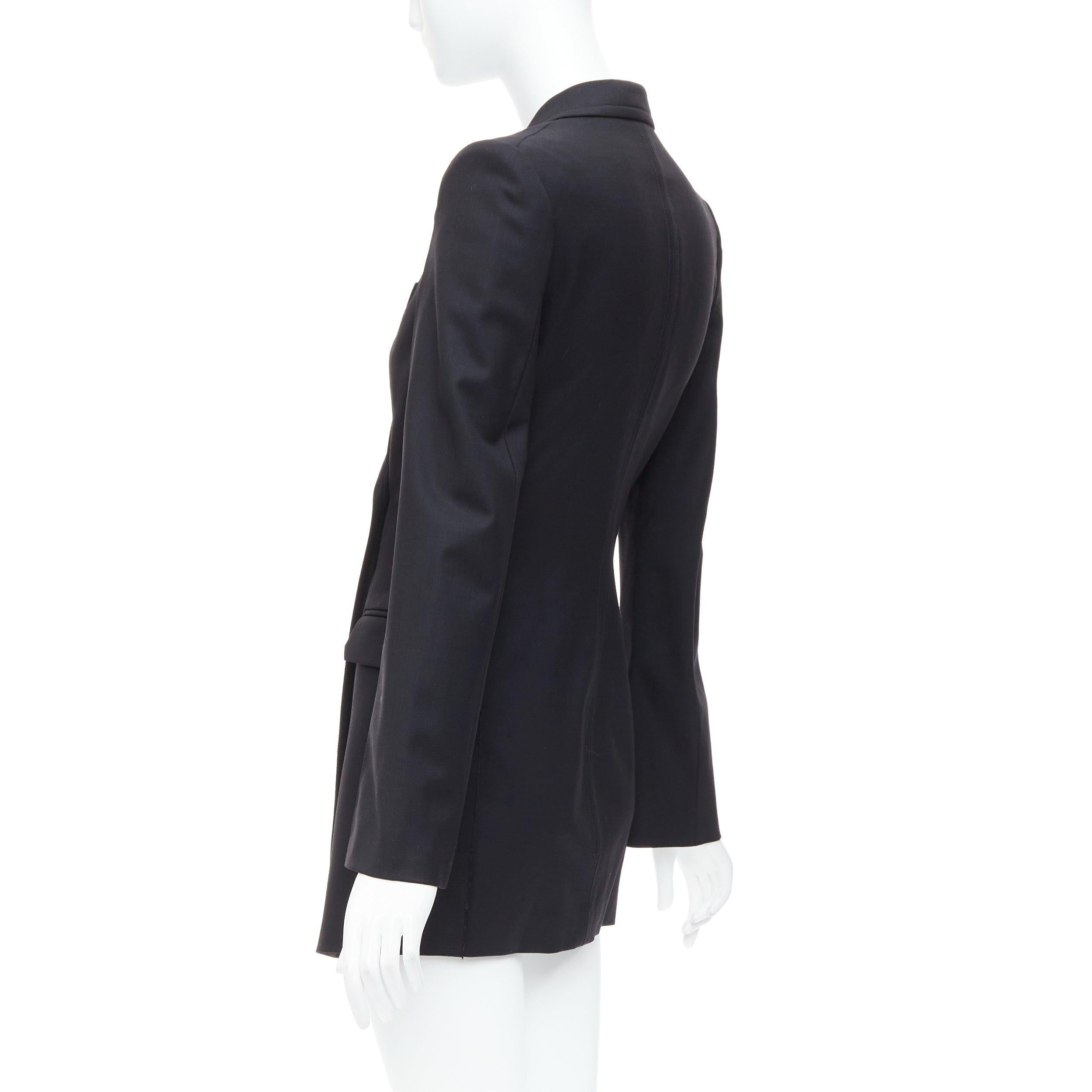 HELMUT LANG black virgin wool blend twill flare long blazer US0 XS For Sale 2
