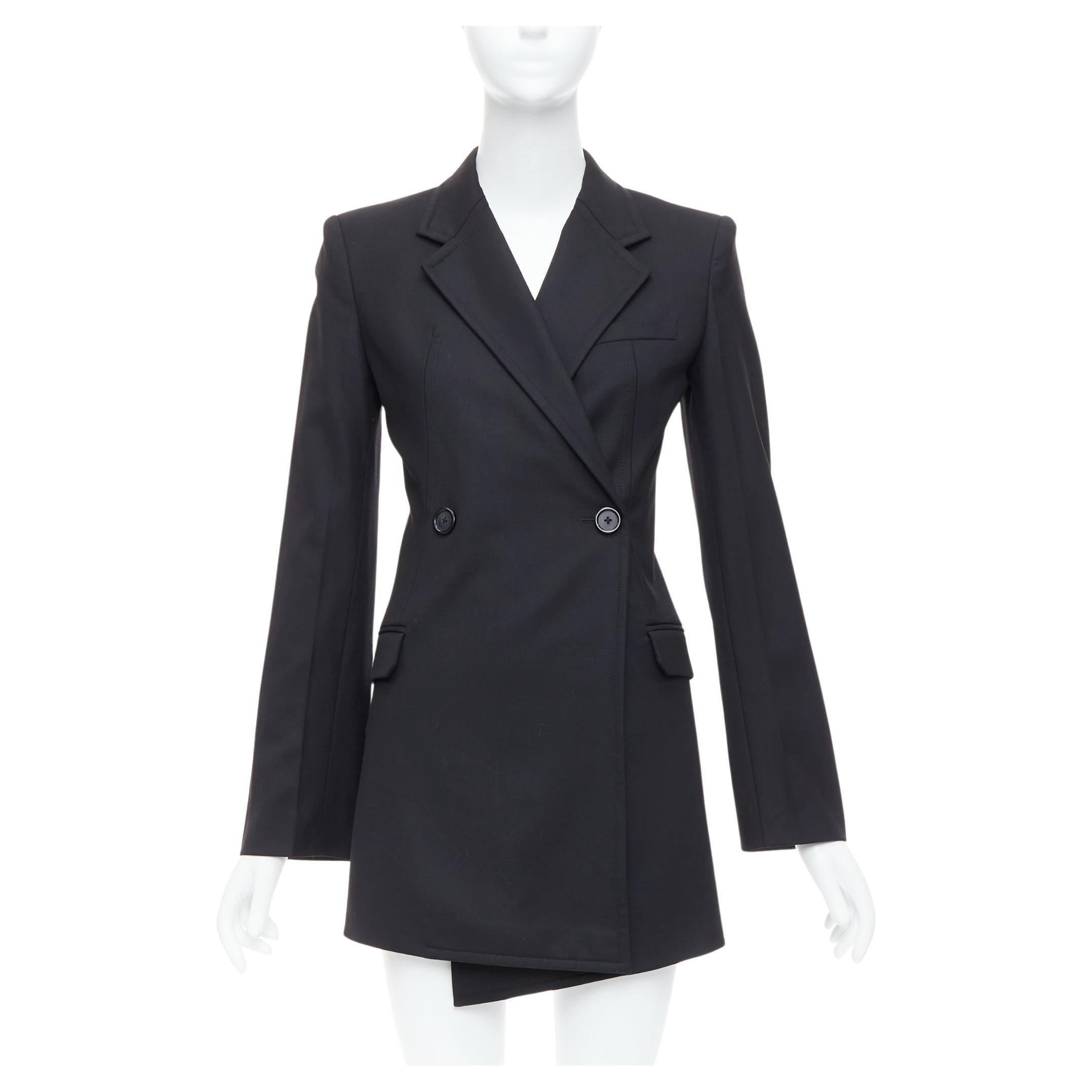 HELMUT LANG black virgin wool blend twill flare long blazer US0 XS For Sale
