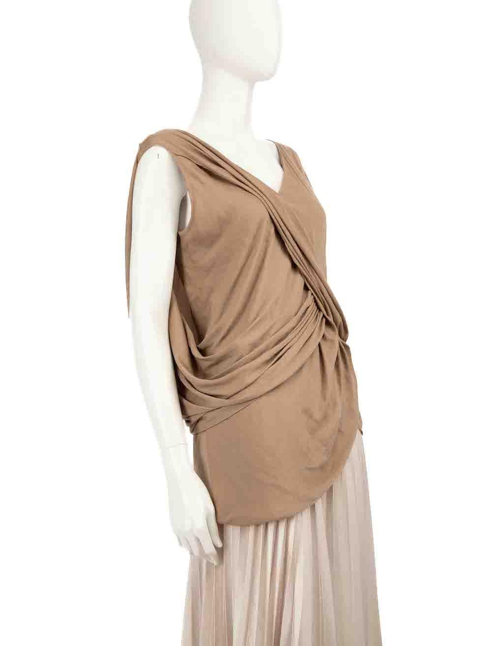 CONDITION is Good. Minor wear to top is evident. Light wear to the front with plucks to the weave on this used Helmut Lang designer resale item.
 
 
 
 Details
 
 
 Brown
 
 Polyester
 
 Top
 
 Sleeveless
 
 Ruched draped detail
 
 V-neck
 
 
 
 
 
