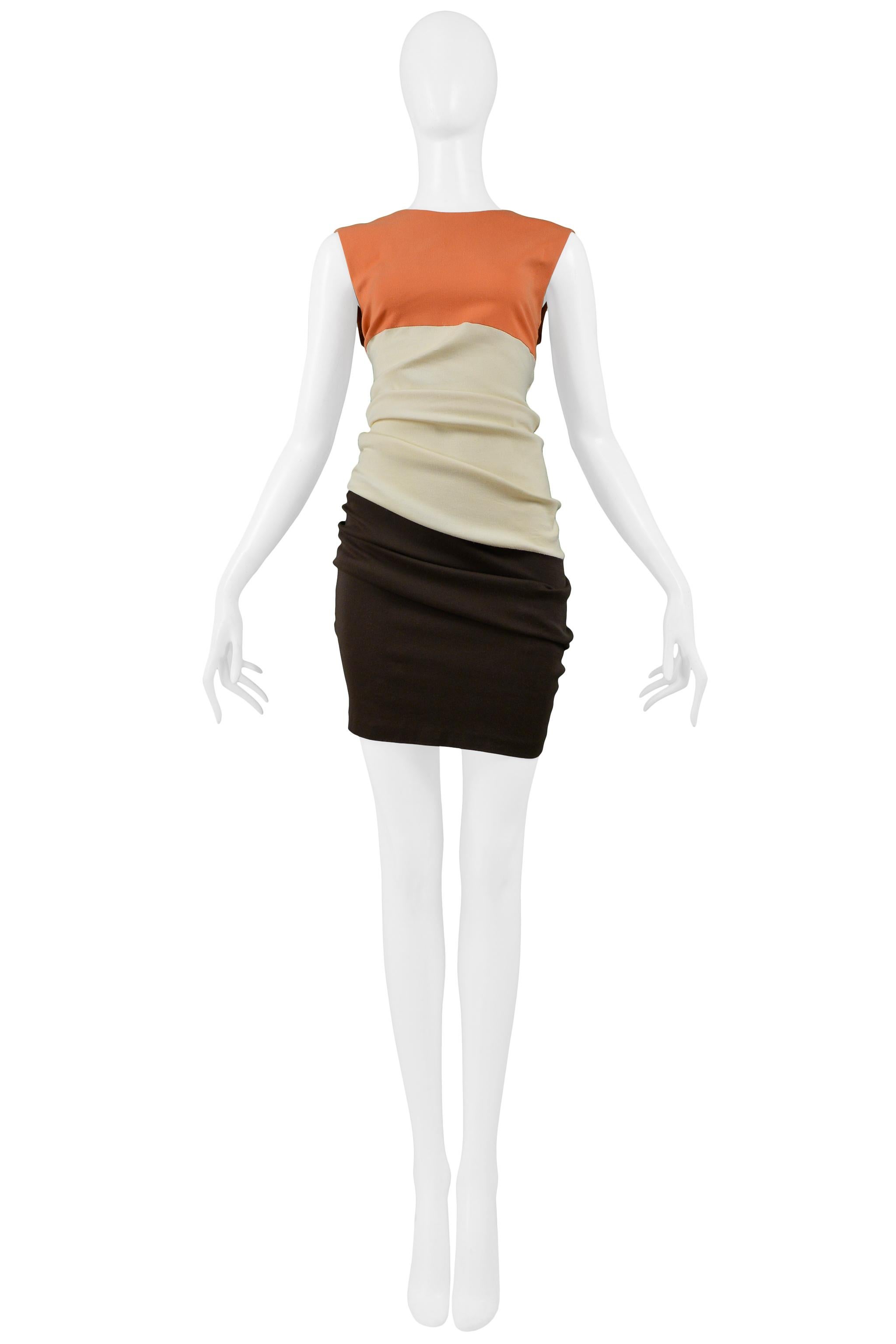 Helmut Lang Coral Ivory & Brown Color Block Knit Dress 1990 In Excellent Condition For Sale In Los Angeles, CA