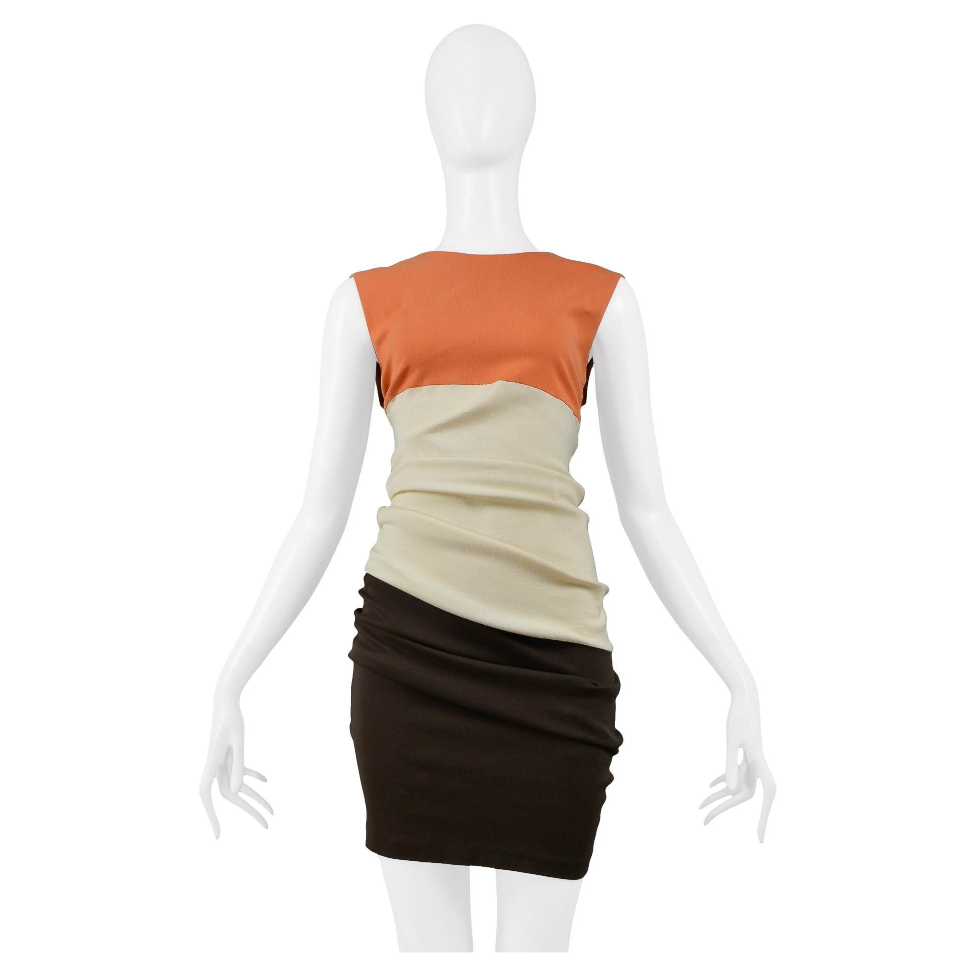 Helmut Lang Coral Ivory & Brown Color Block Knit Dress 1990 For Sale