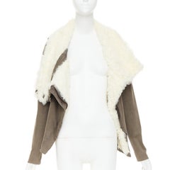 HELMUT LANG cream lambskin fur collar brown cotton blend flare jacket M