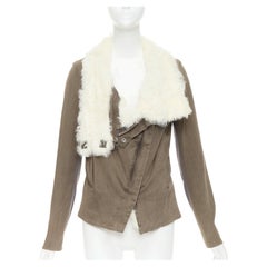 HELMUT LANG cream lambskin fur collar brown cotton blend flare jacket M