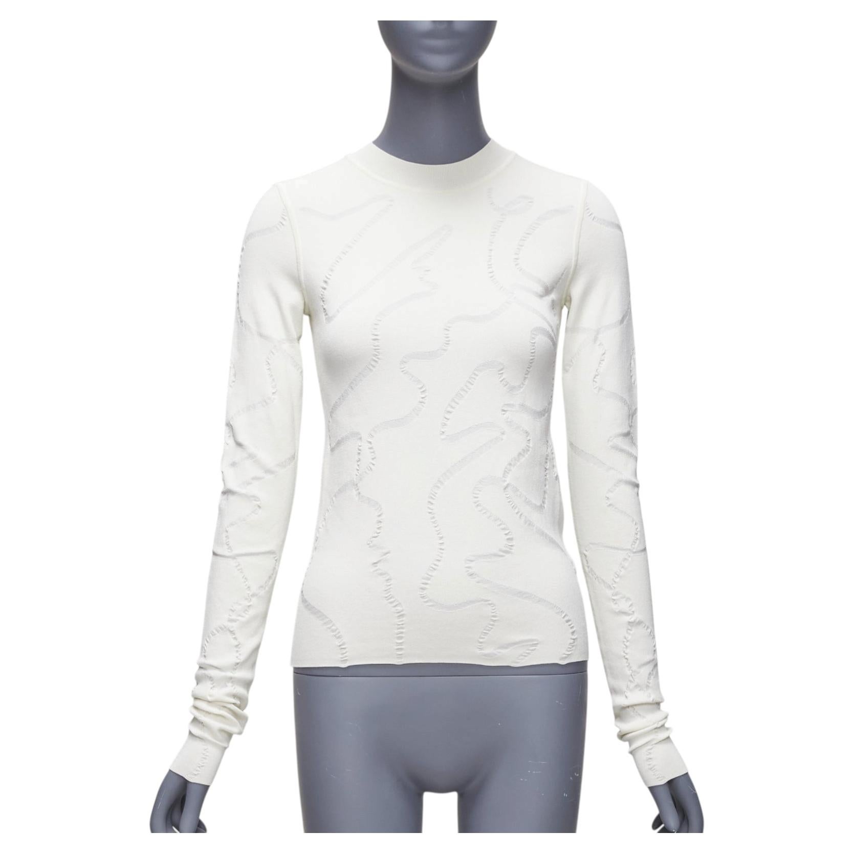 HELMUT LANG cream wiggly line motive jacquard long sleeve sweater S For Sale