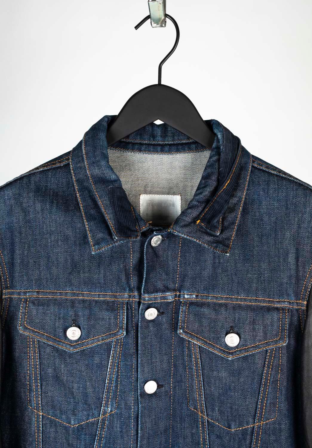 100% genuine Vintage Helmut Lang Denim Leather Sleeves Jacket 
Color: Blue/Black
(An actual color may a bit vary due to individual computer screen interpretation)
Material: 100% cotton/100% leather
Tag size: ITA52 (Large)
This jacket is great