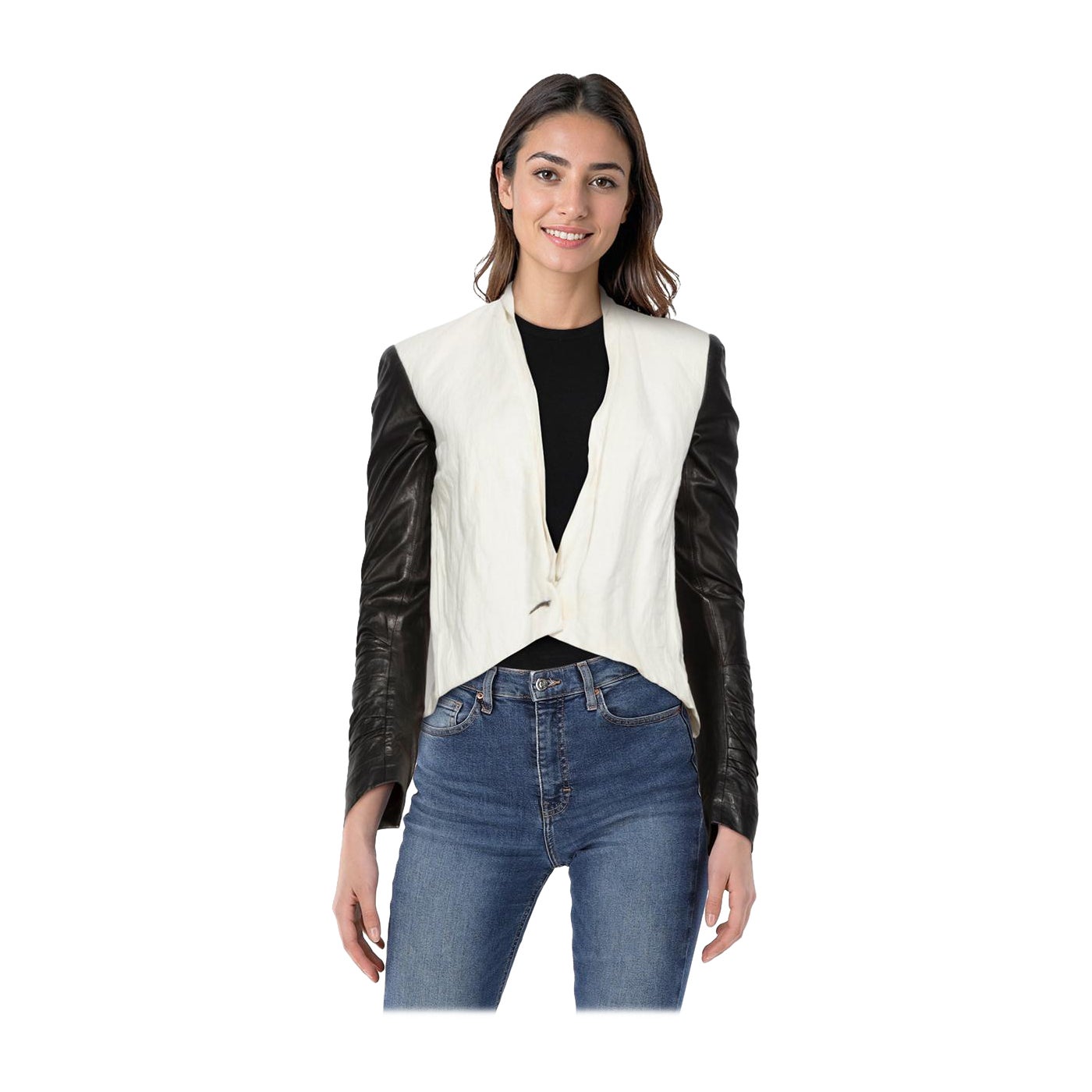 Helmut Lang Ecru 
Black Leather Sleeves Blazer Size XXS en venta