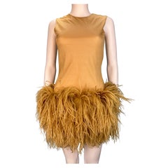 Retro Helmut Lang Fall 1990 Runway Feather Trim Dress