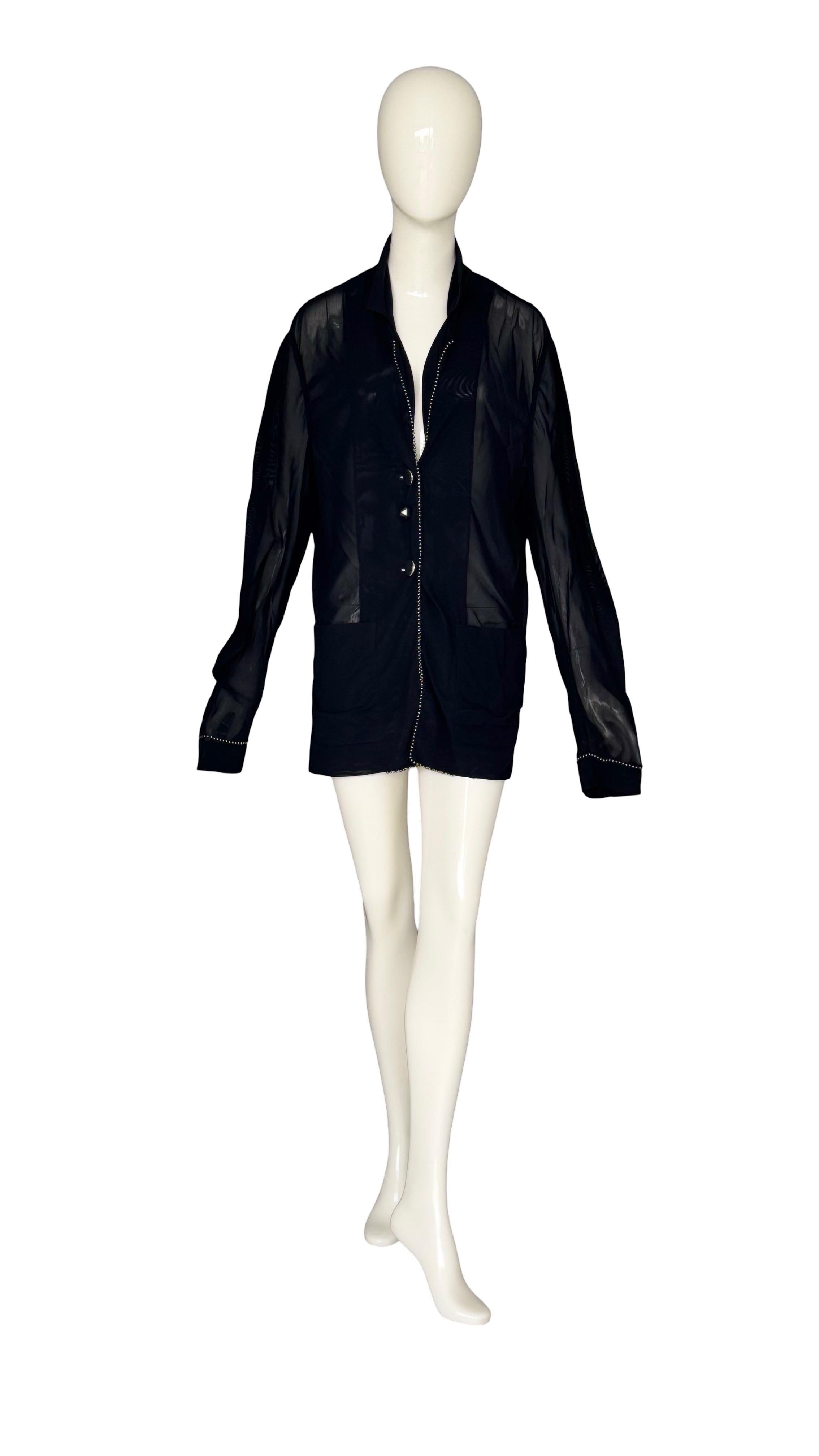 Helmut Lang Fall/Winter 1989 Collectors Oversized Embellished Black Jacket.
Designed to suit both men and women. Photographed here on a female mannequin, but it would look just as cool on a male mannequin. This archival vintage piece from Helmut