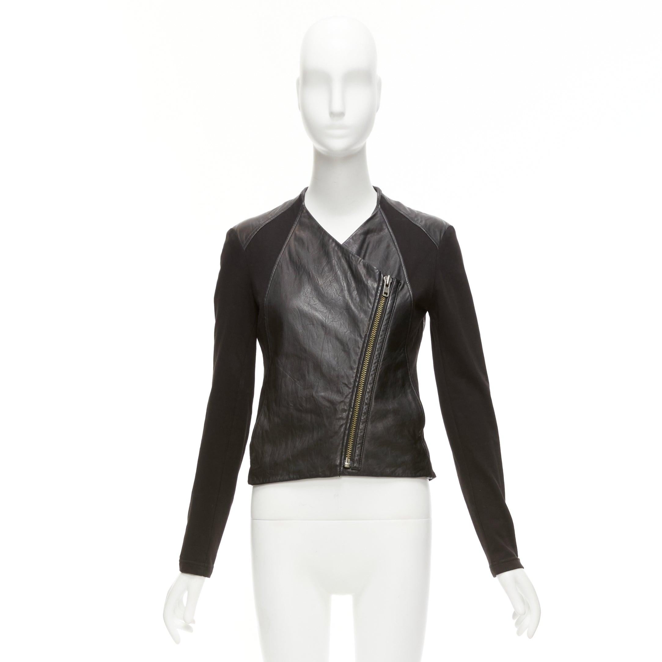HELMUT LANG HELMUT black lambskin leather cotton sleeves asymmetric biker S For Sale 6