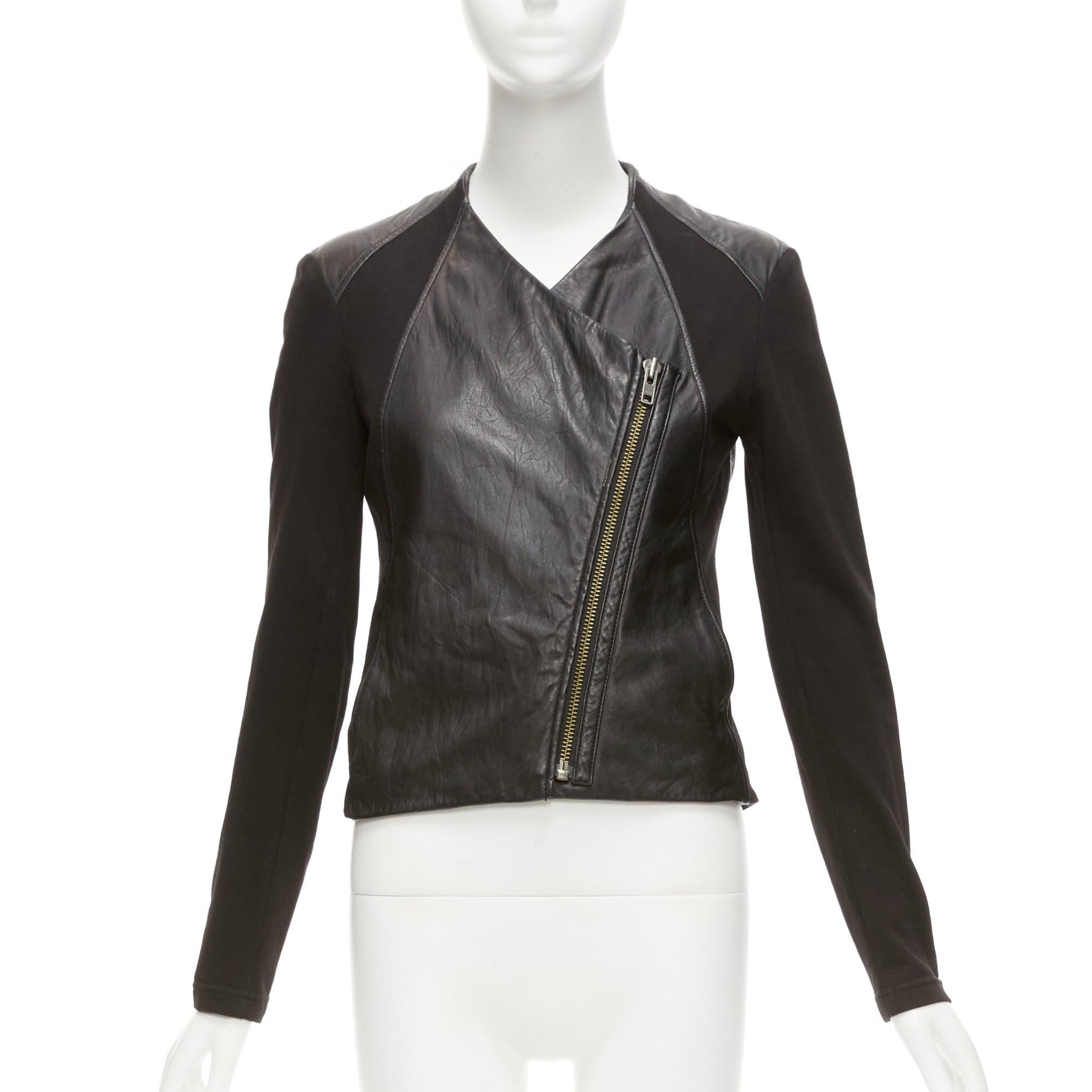 HELMUT LANG HELMUT black lambskin leather cotton sleeves asymmetric biker S In Good Condition For Sale In Hong Kong, NT